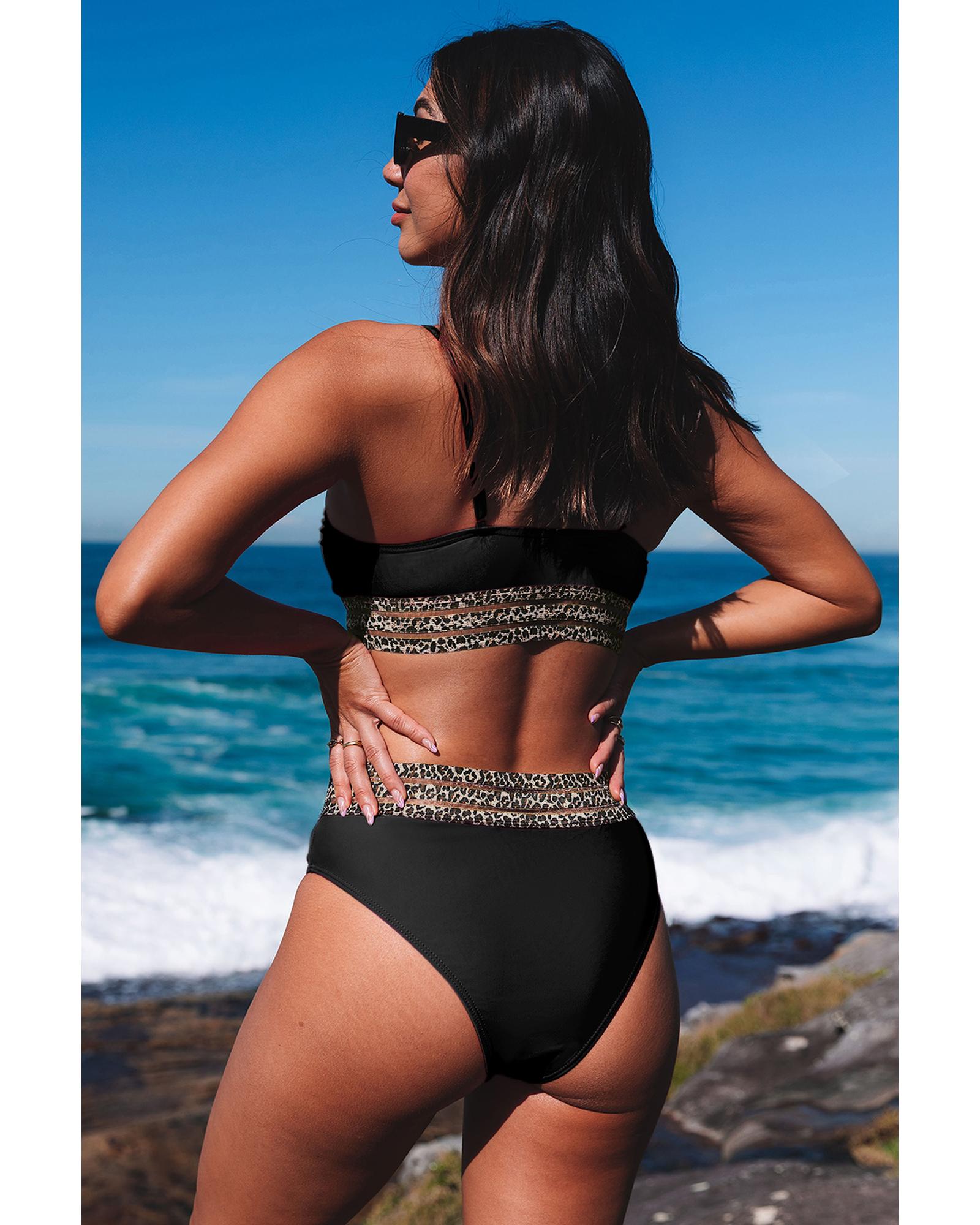 Azura Exchange Black Rose Leopard Mesh Trim 2pcs Bikini Swimsuit - M