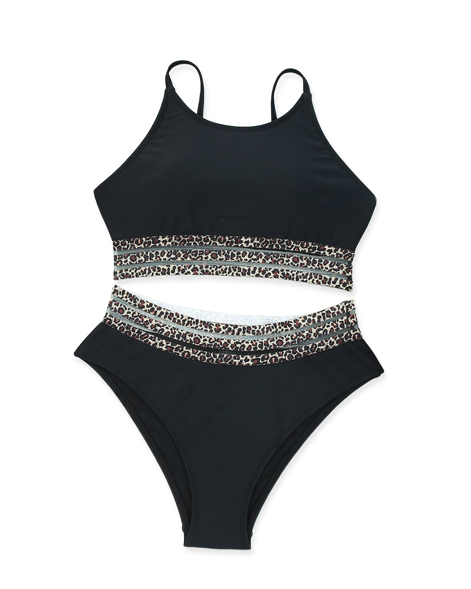 Azura Exchange Black Rose Leopard Mesh Trim 2pcs Bikini Swimsuit - M
