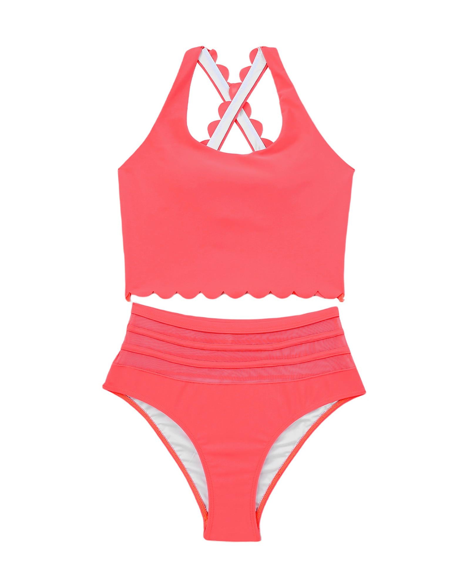 Azura Exchange Pink Scalloped Criss Cross High Waist Bikini - S
