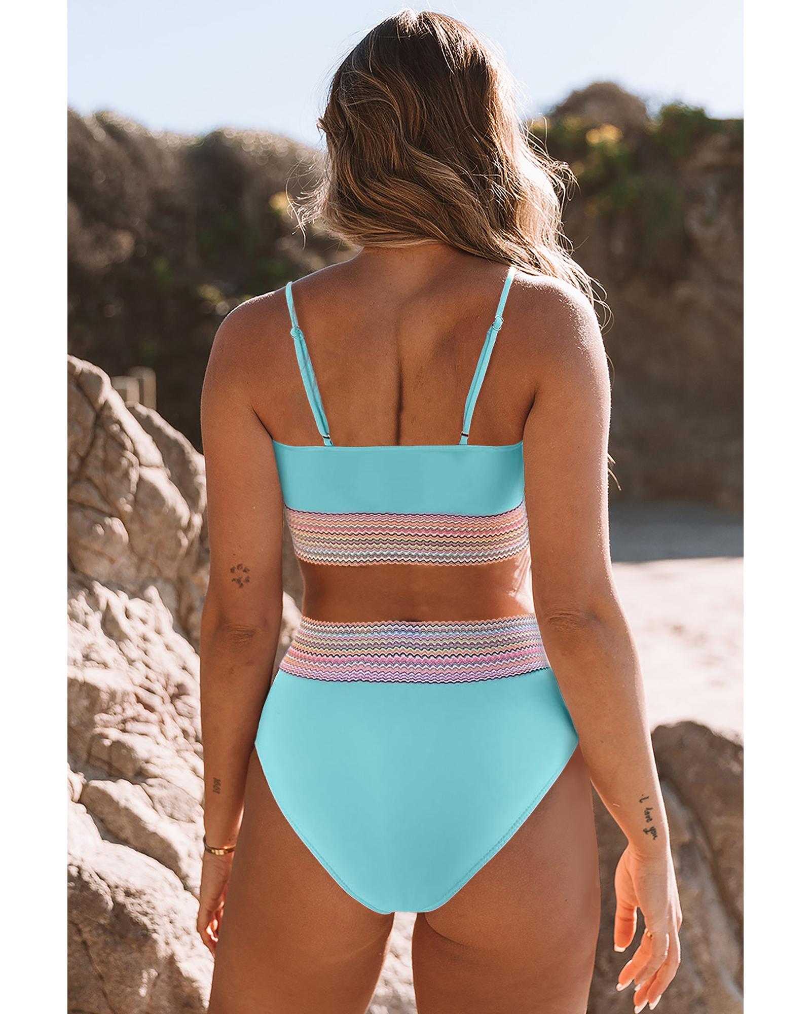 Sky Blue Striped Patchwork Spaghetti Strap High Waist Bikini Swimsuit - XL