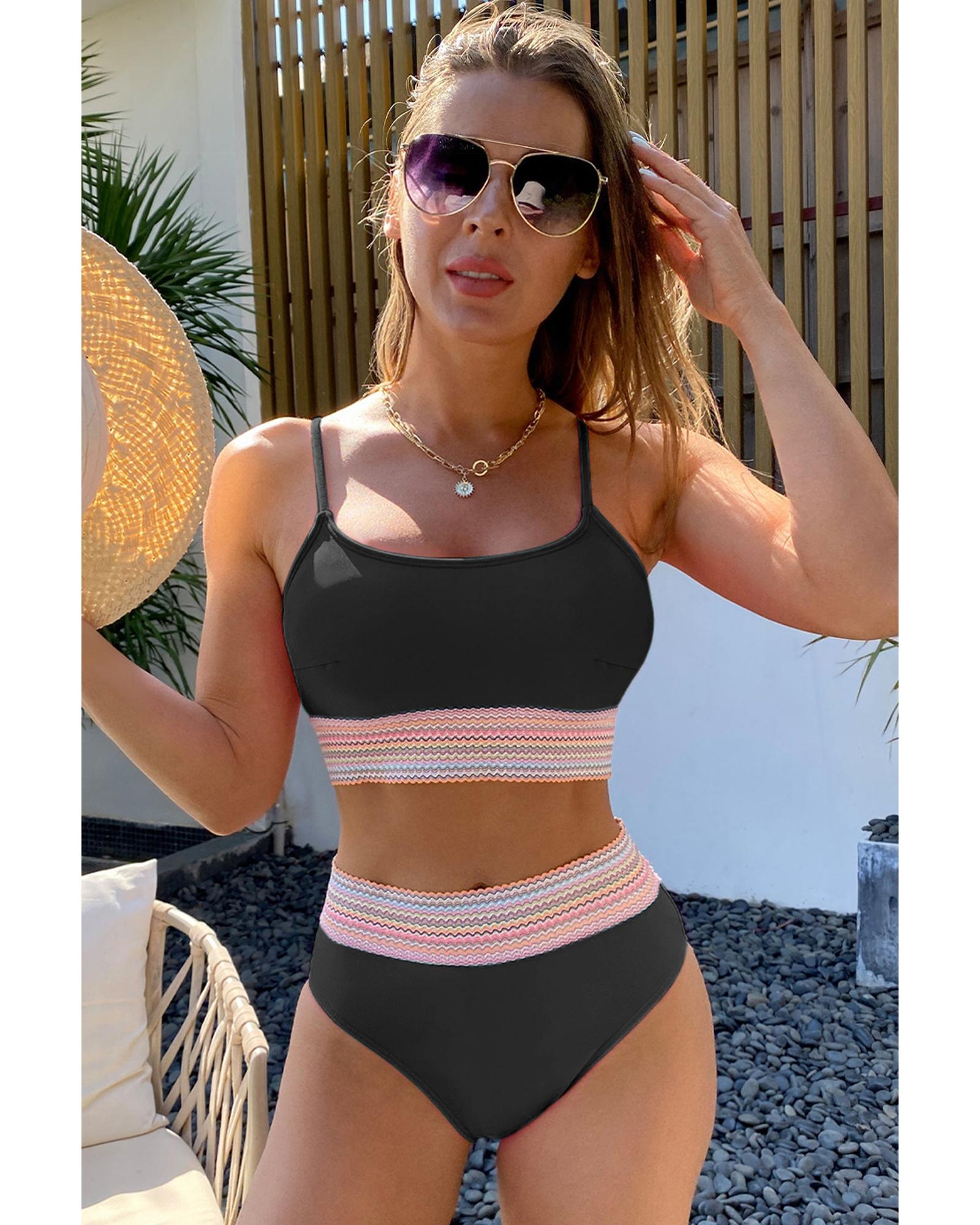 Black Striped Patchwork Spaghetti Strap High Waist Bikini Swimsuit - L