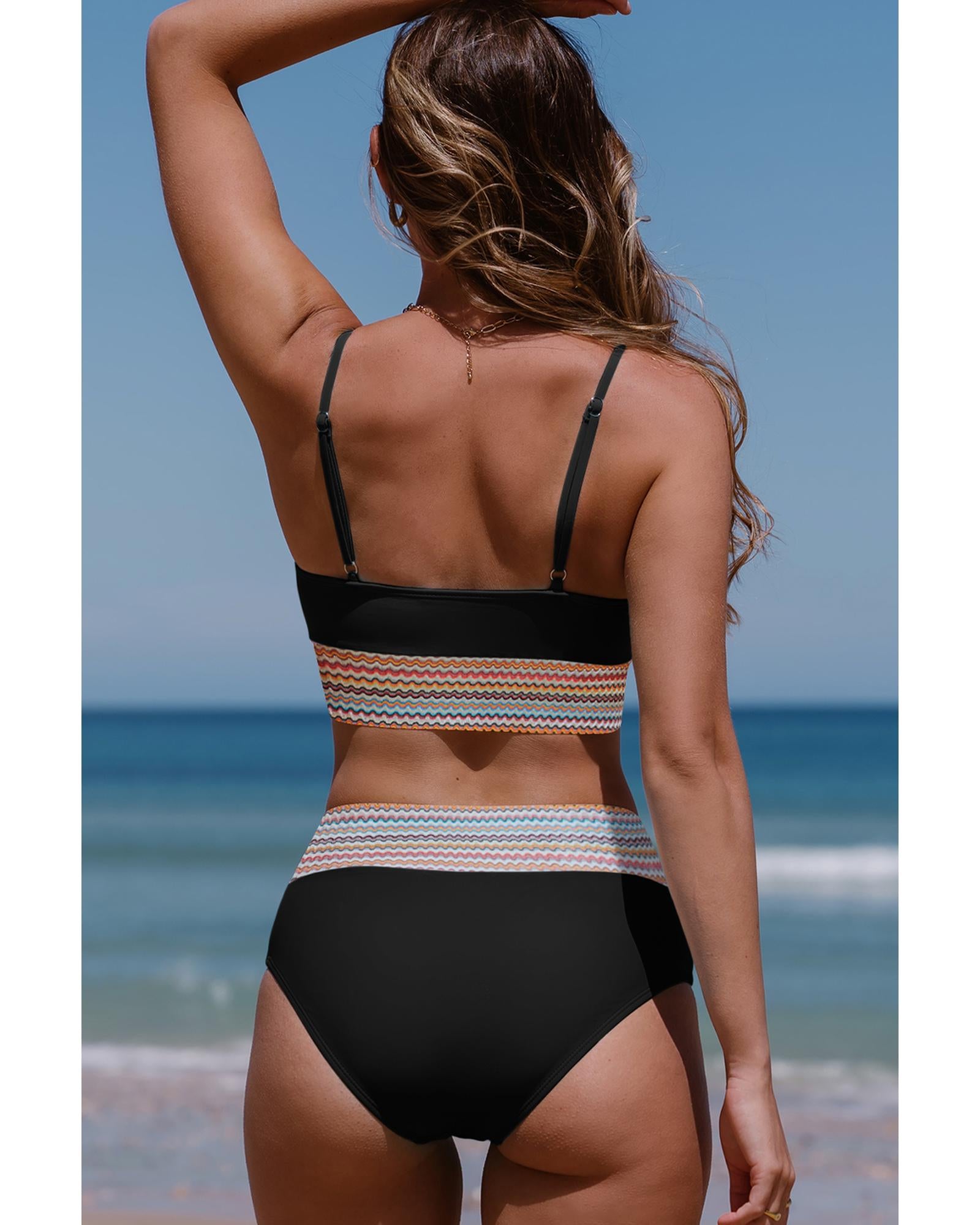 Black Striped Patchwork Spaghetti Strap High Waist Bikini Swimsuit - L
