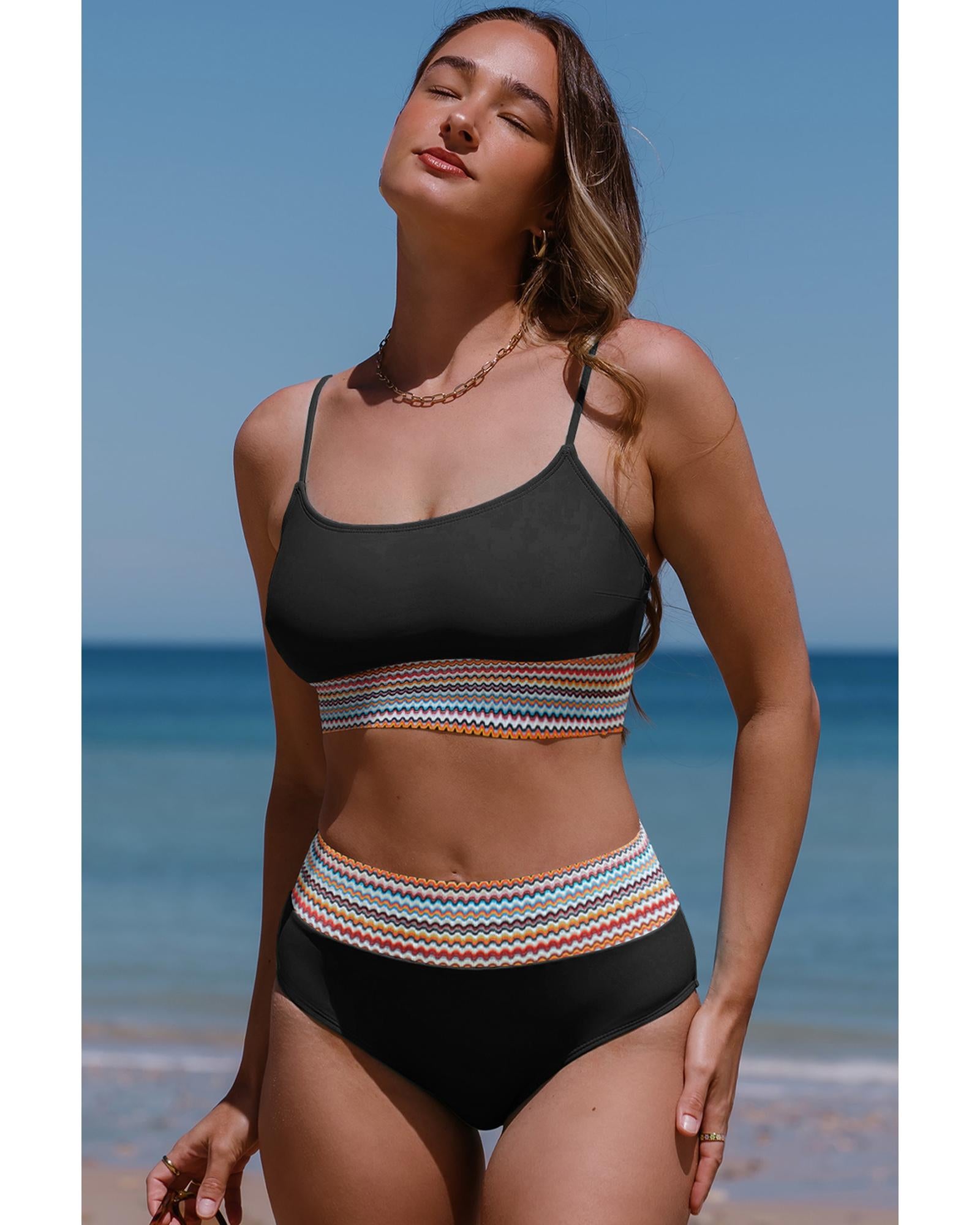Black Striped Patchwork Spaghetti Strap High Waist Bikini Swimsuit - M