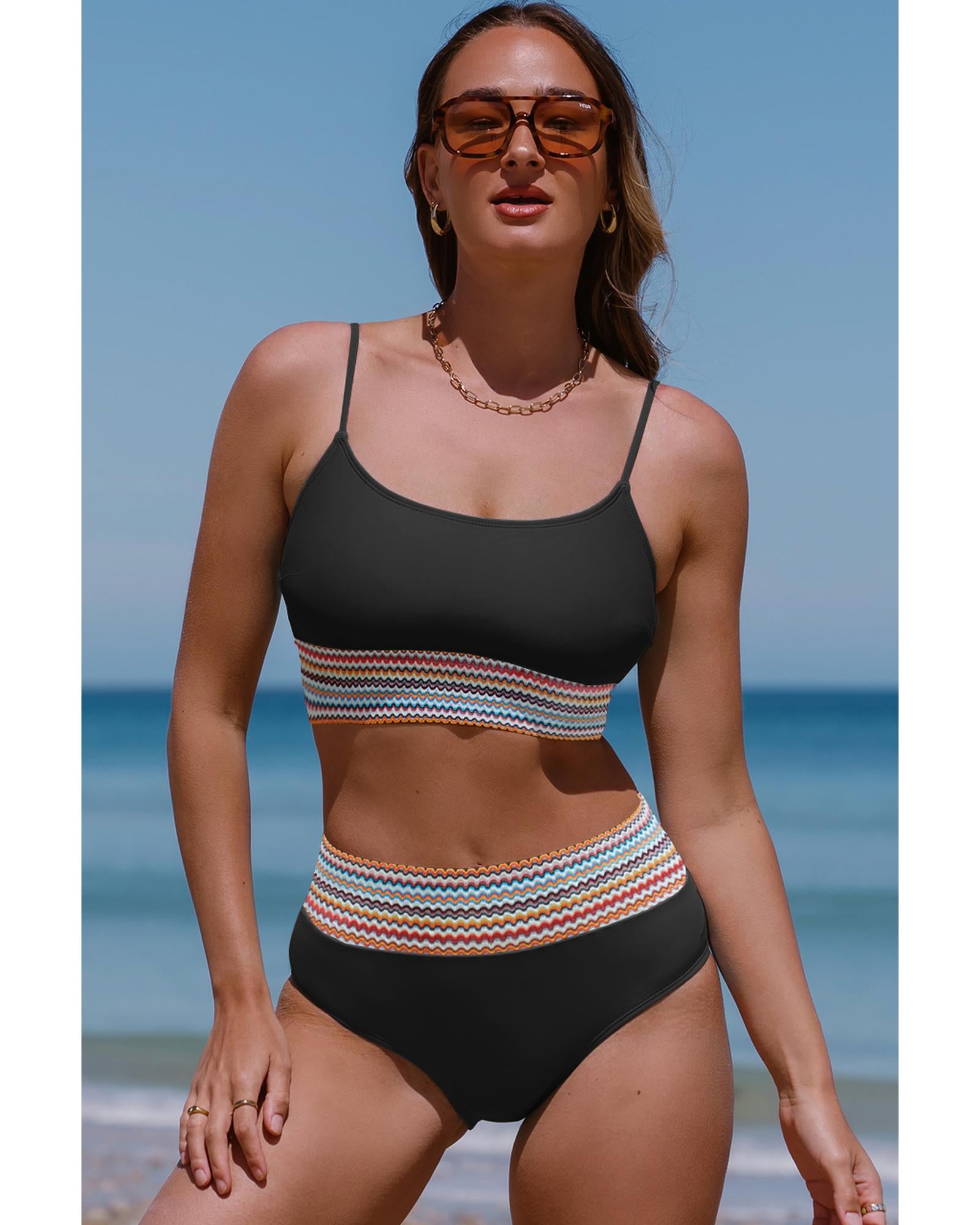 Black Striped Patchwork Spaghetti Strap High Waist Bikini Swimsuit - S