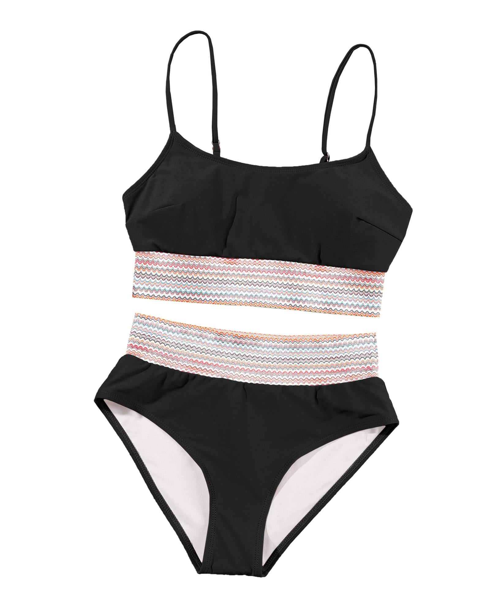 Black Striped Patchwork Spaghetti Strap High Waist Bikini Swimsuit - S