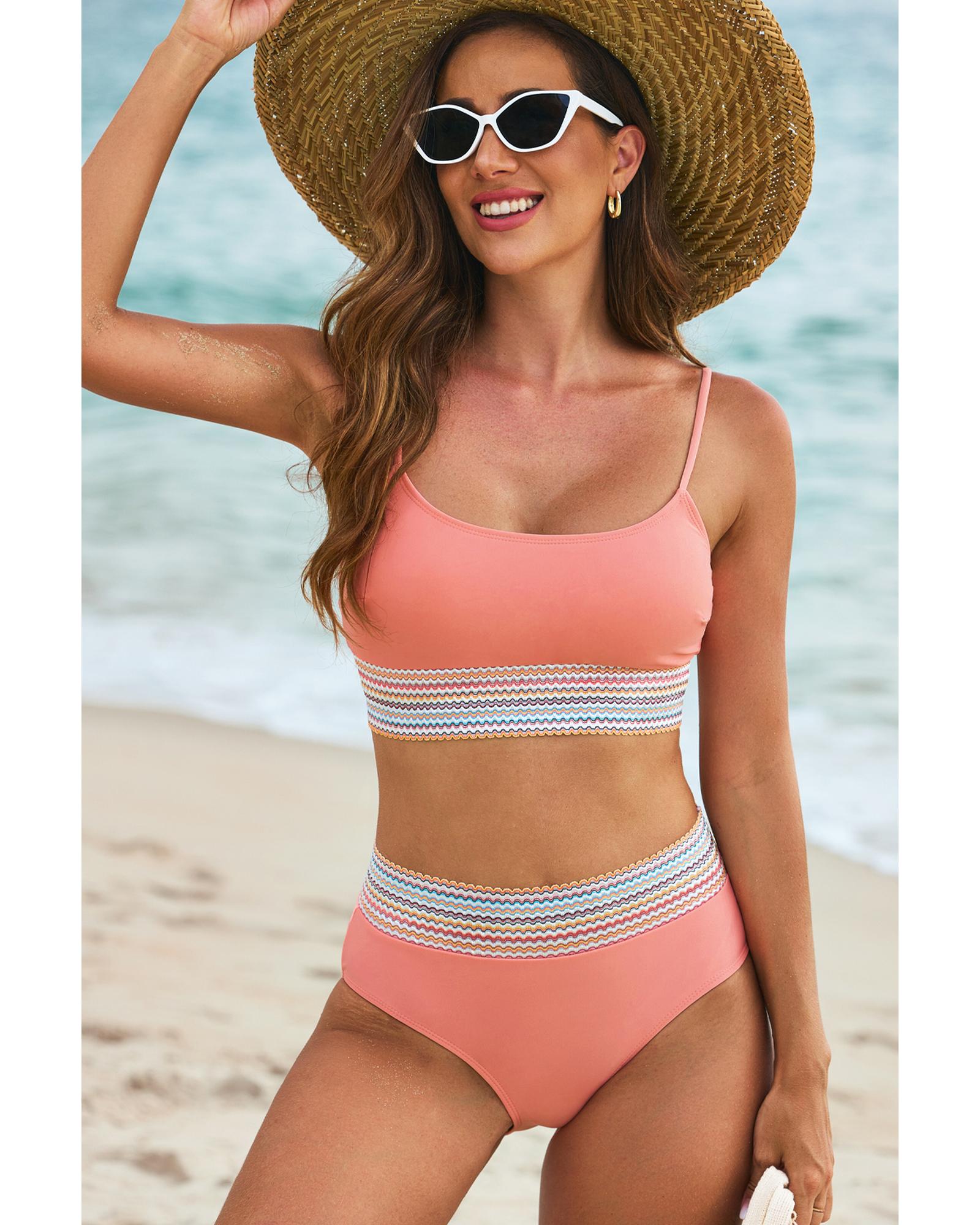 Peach Blossom Striped Patchwork Spaghetti Strap High Waist Bikini Swimsuit - L