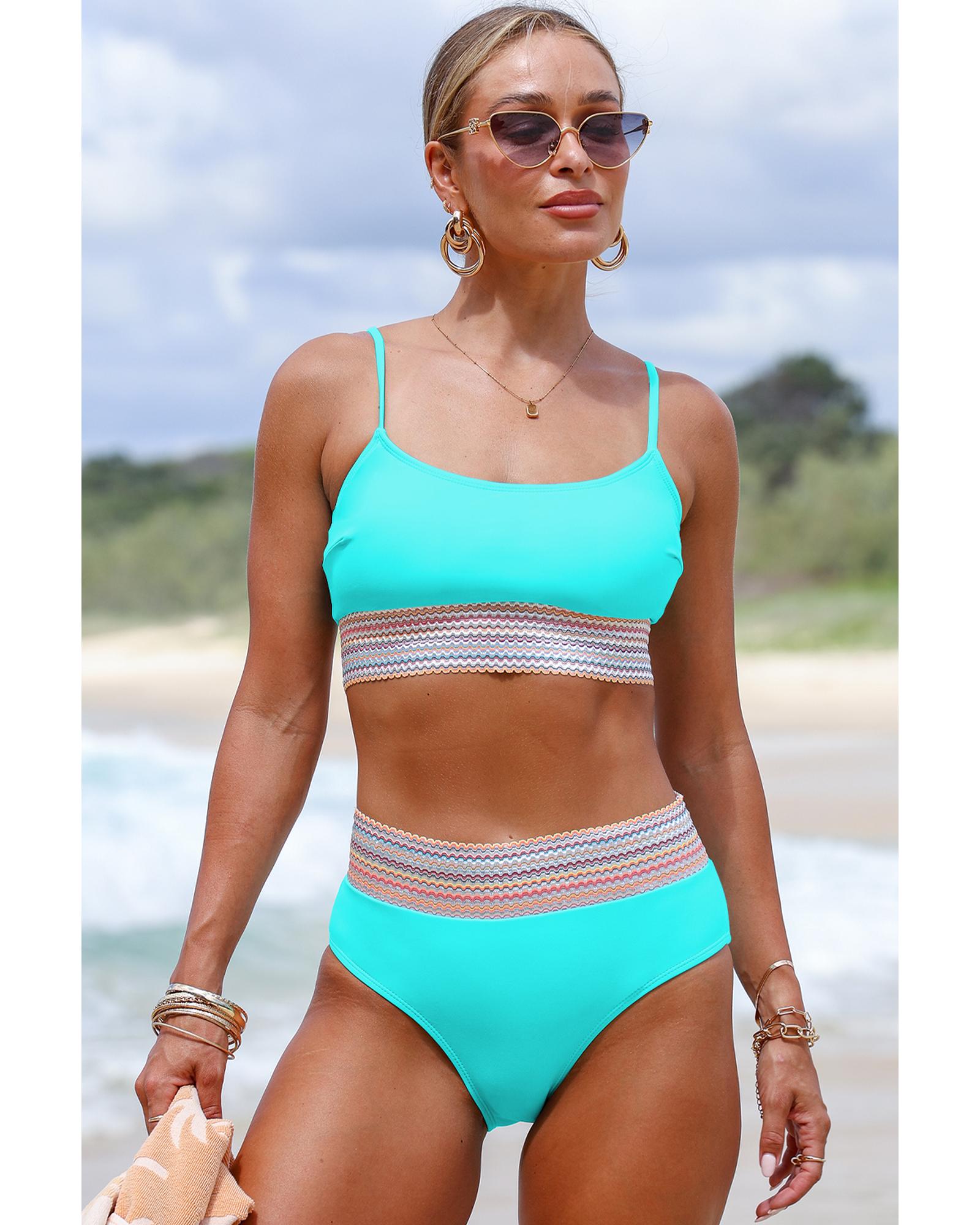 Turquoise Striped Patchwork Spaghetti Strap High Waist Bikini Swimsuit - L