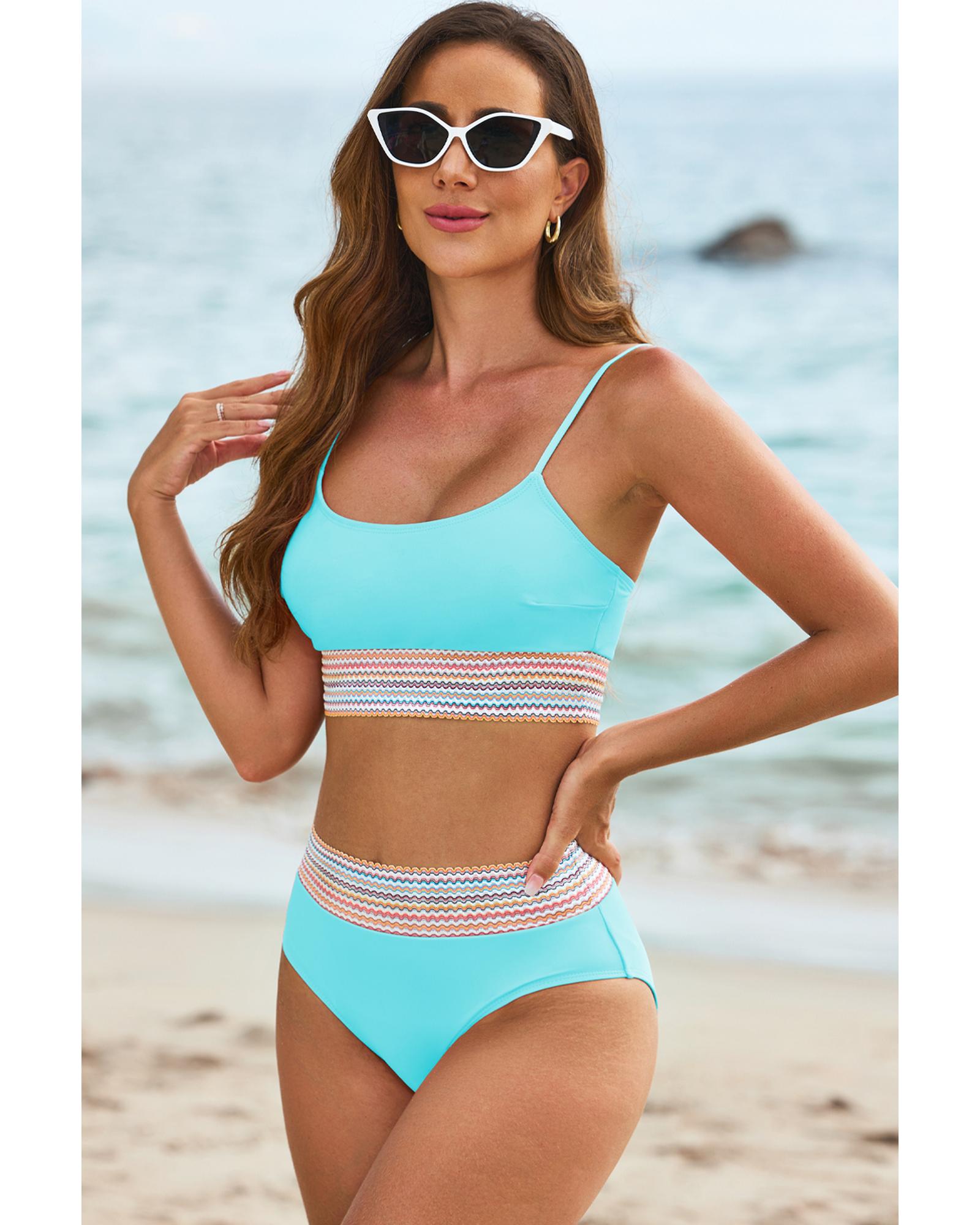 Turquoise Striped Patchwork Spaghetti Strap High Waist Bikini Swimsuit - S