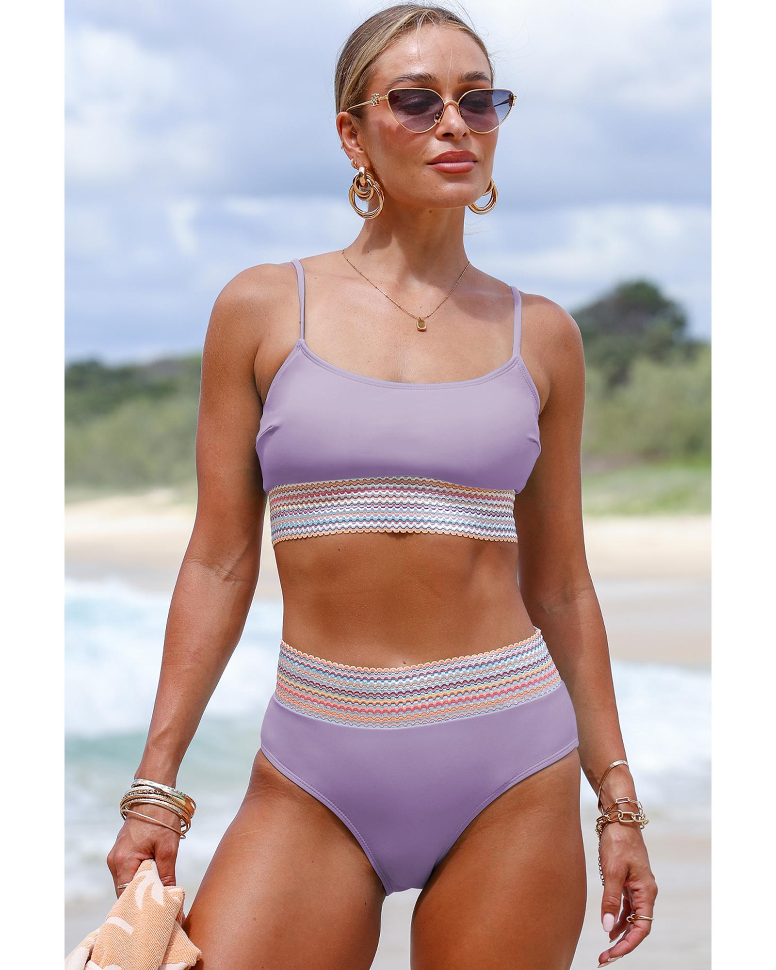 Orchid Petal Striped Patchwork Spaghetti Strap High Waist Bikini Swimsuit - L