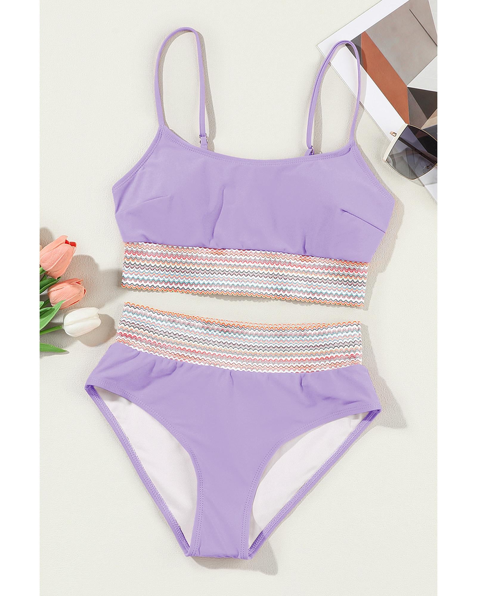 Orchid Petal Striped Patchwork Spaghetti Strap High Waist Bikini Swimsuit - L