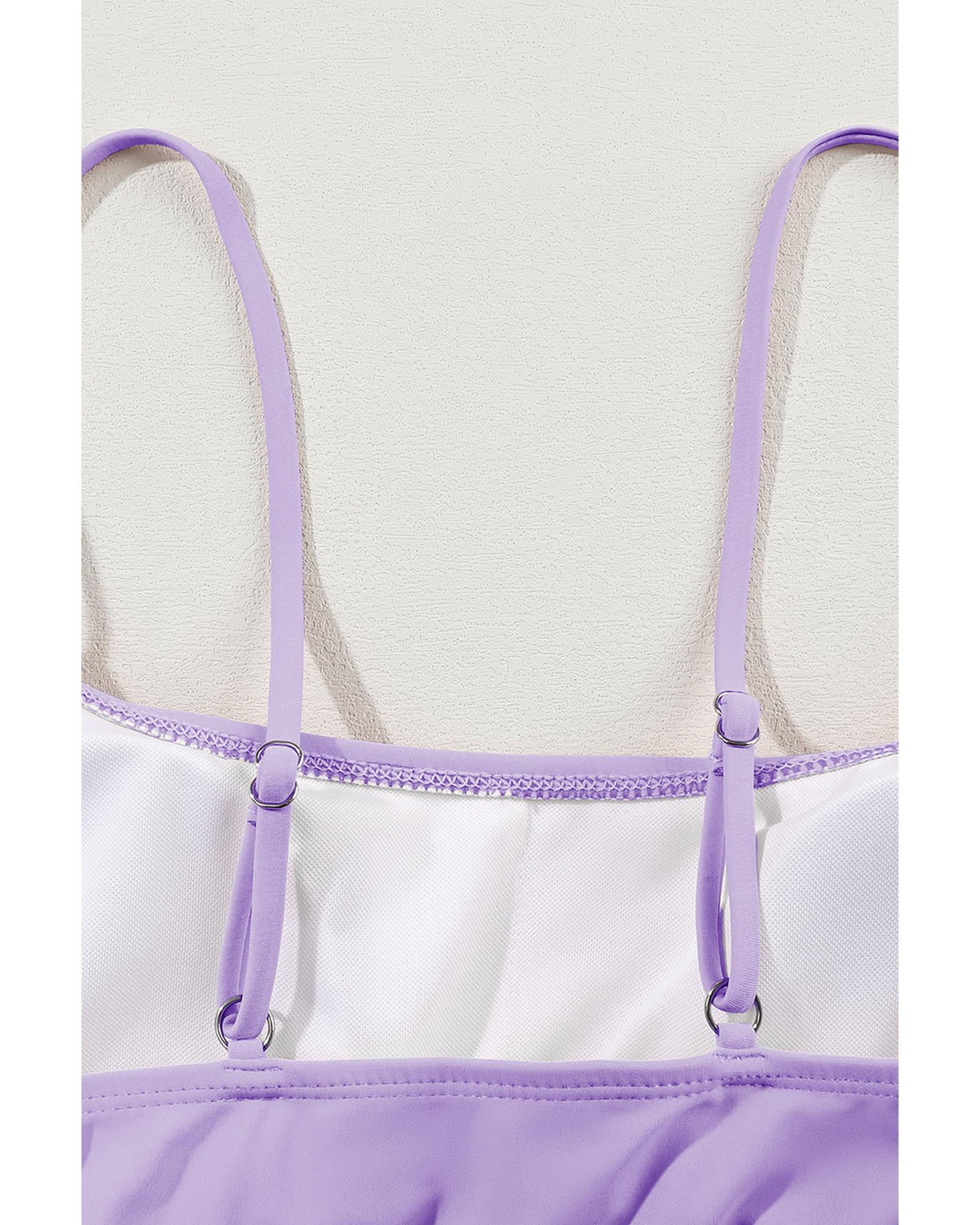 Orchid Petal Striped Patchwork Spaghetti Strap High Waist Bikini Swimsuit - L
