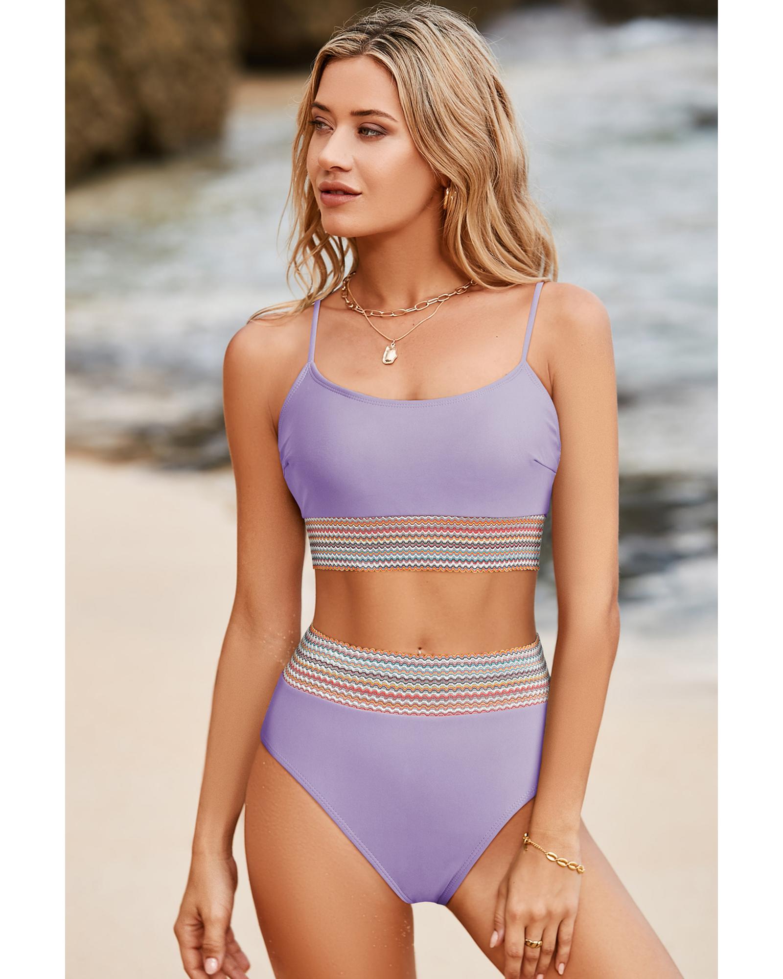 Orchid Petal Striped Patchwork Spaghetti Strap High Waist Bikini Swimsuit - M