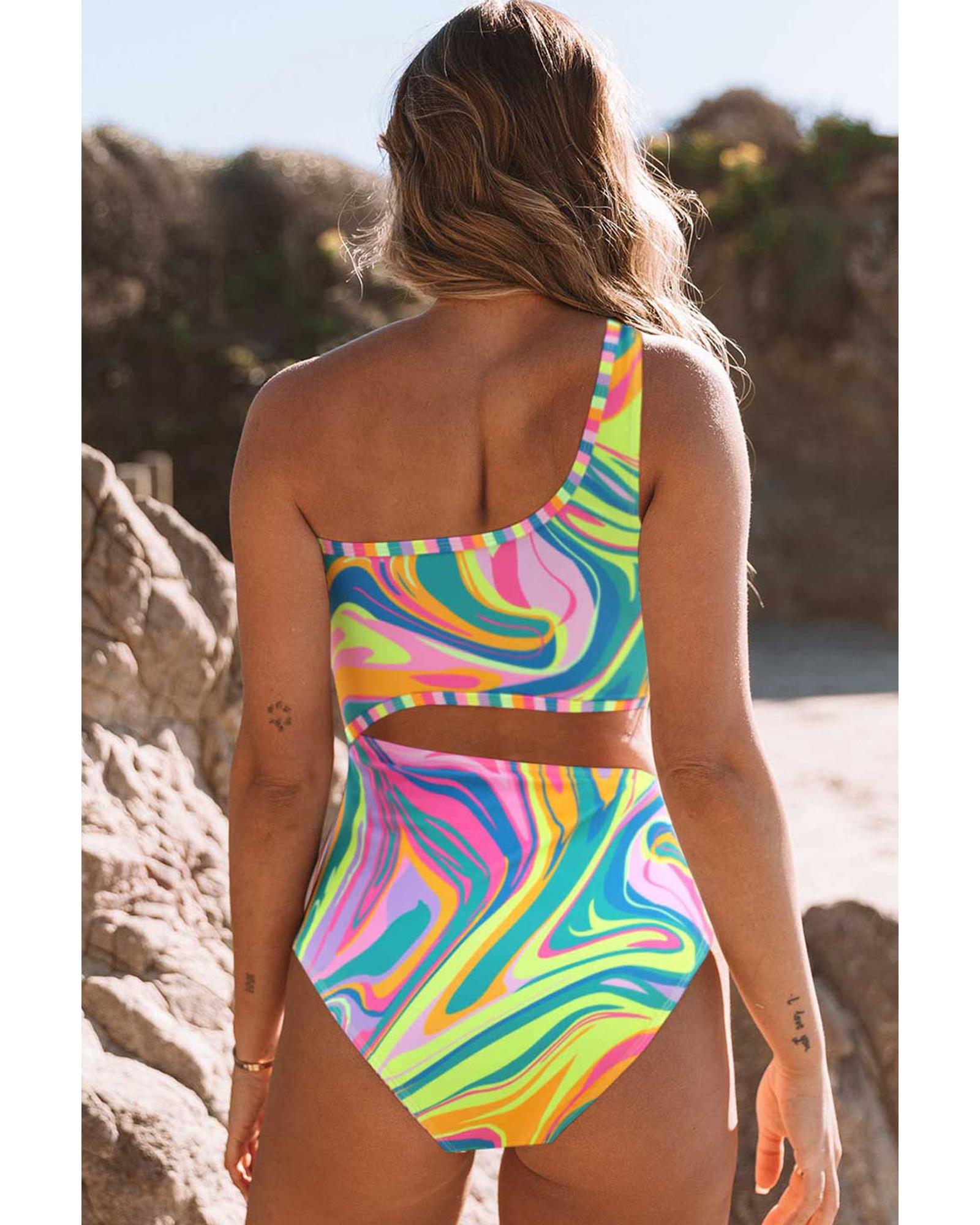 Multicolor Abstract Swirl Print Asymmetric Cutout One Piece Swimsuit - M