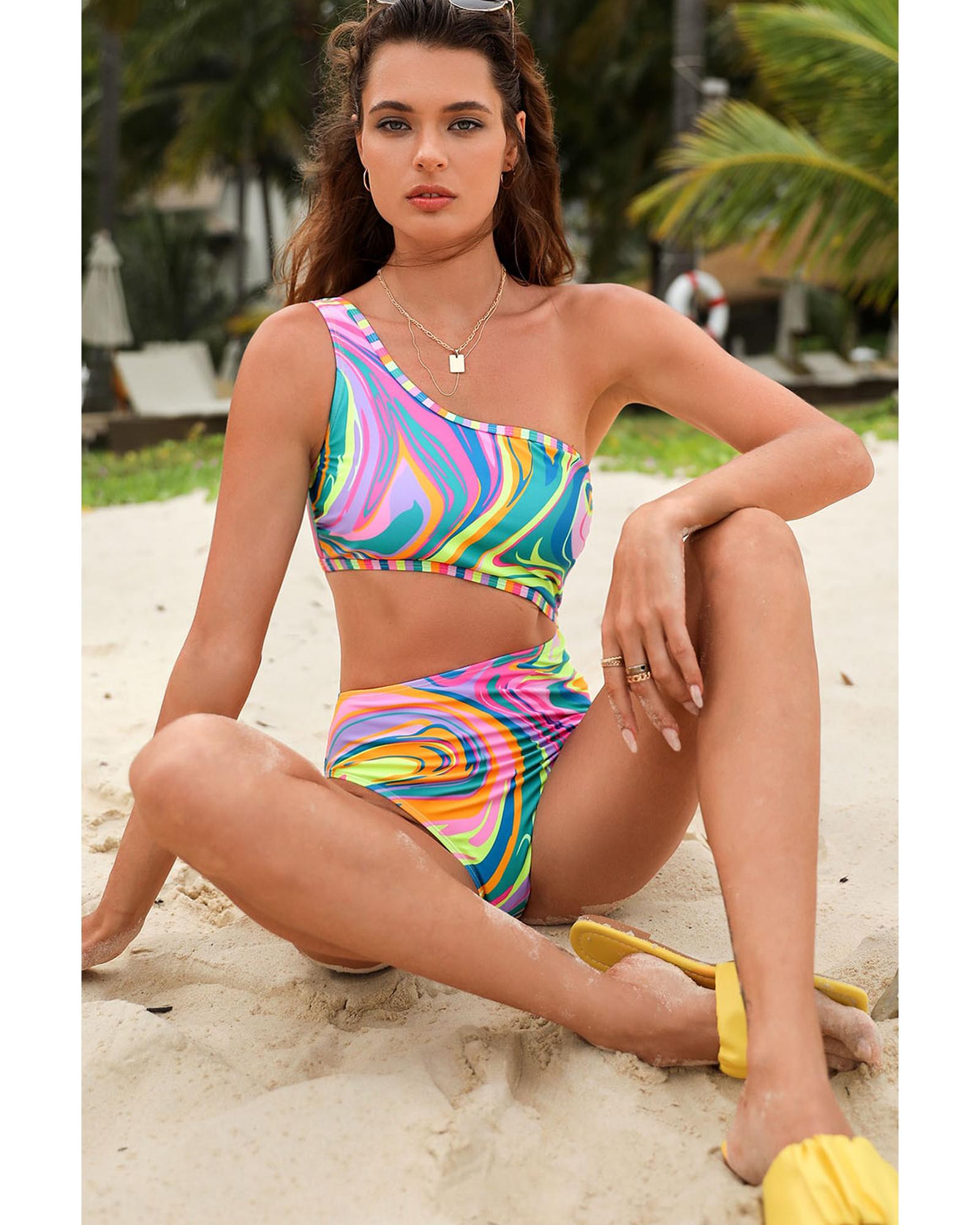 Multicolor Abstract Swirl Print Asymmetric Cutout One Piece Swimsuit - M