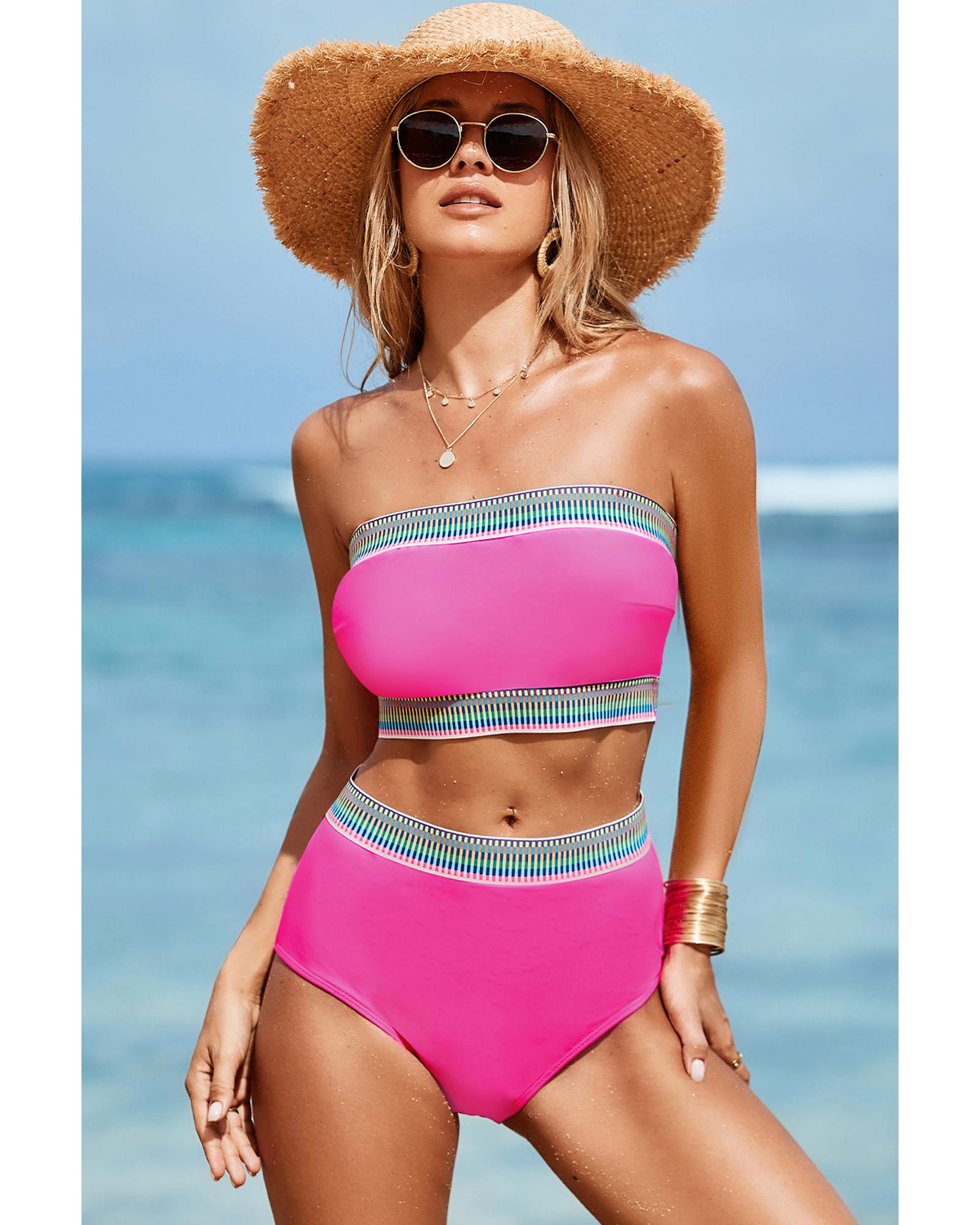 Rose Red Contrast Banding Tube Bikini High Waist 2pcs Swimsuit - L