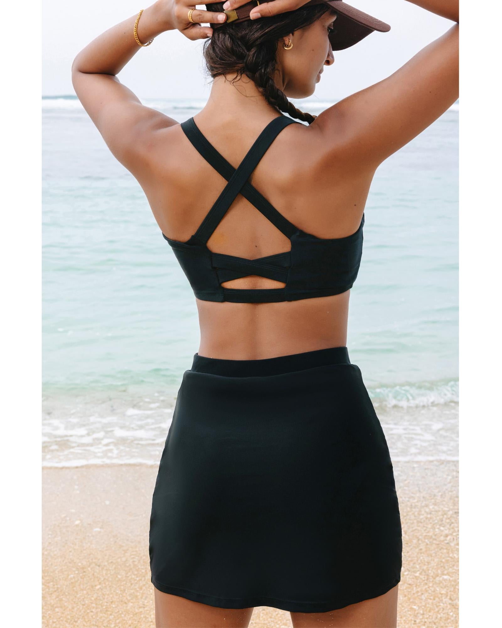 Black Crossover Bikini Tank and Skort Swimwear - S