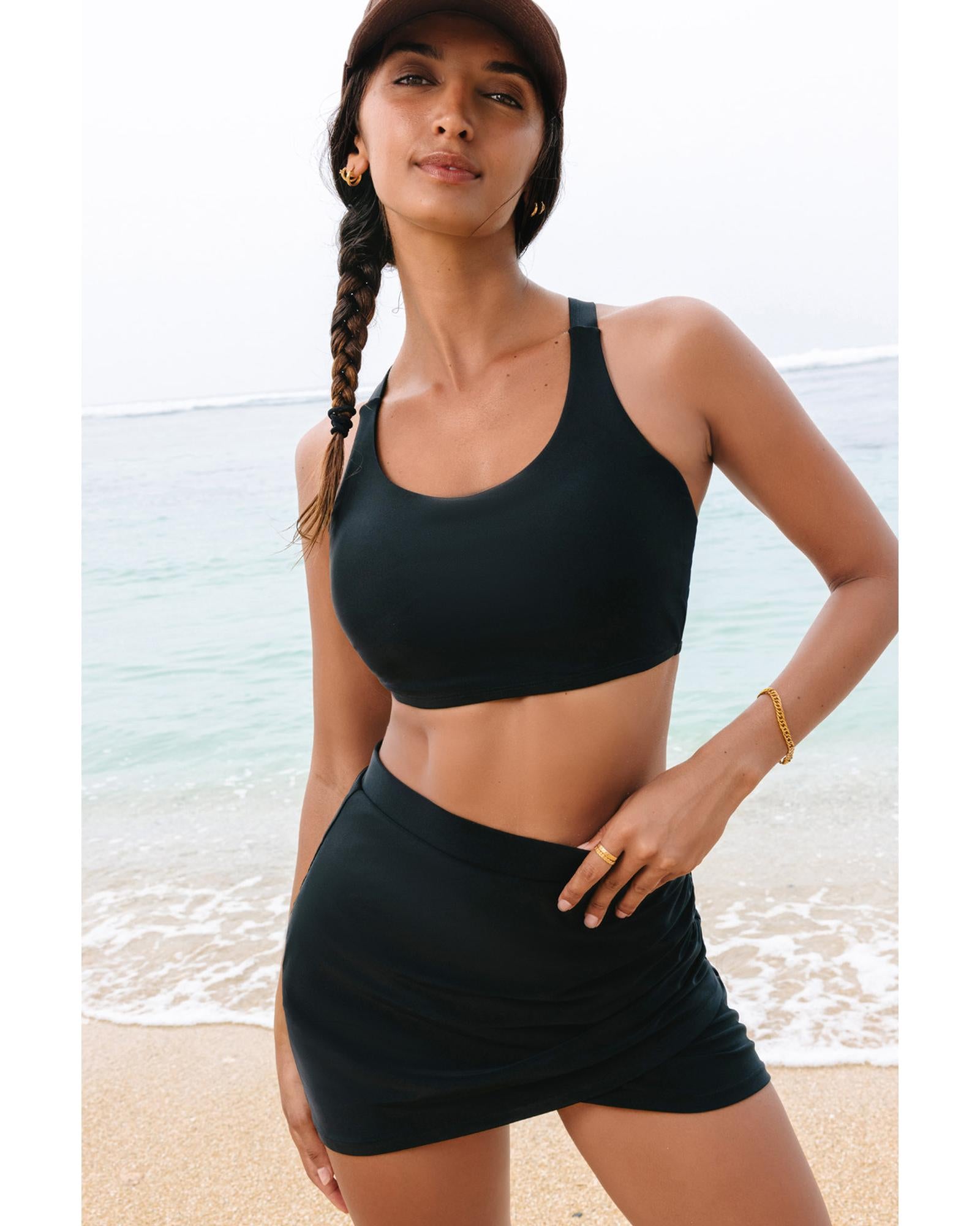Black Crossover Bikini Tank and Skort Swimwear - S