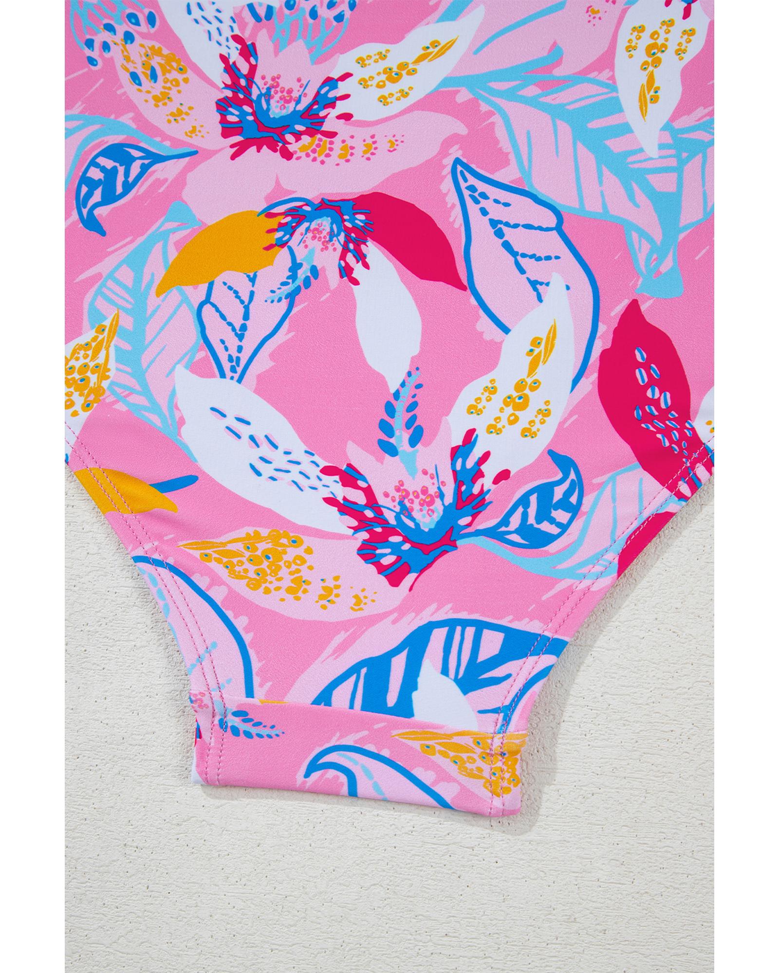 Pink Floral Printed Halter Neck High Waist Bikini - L