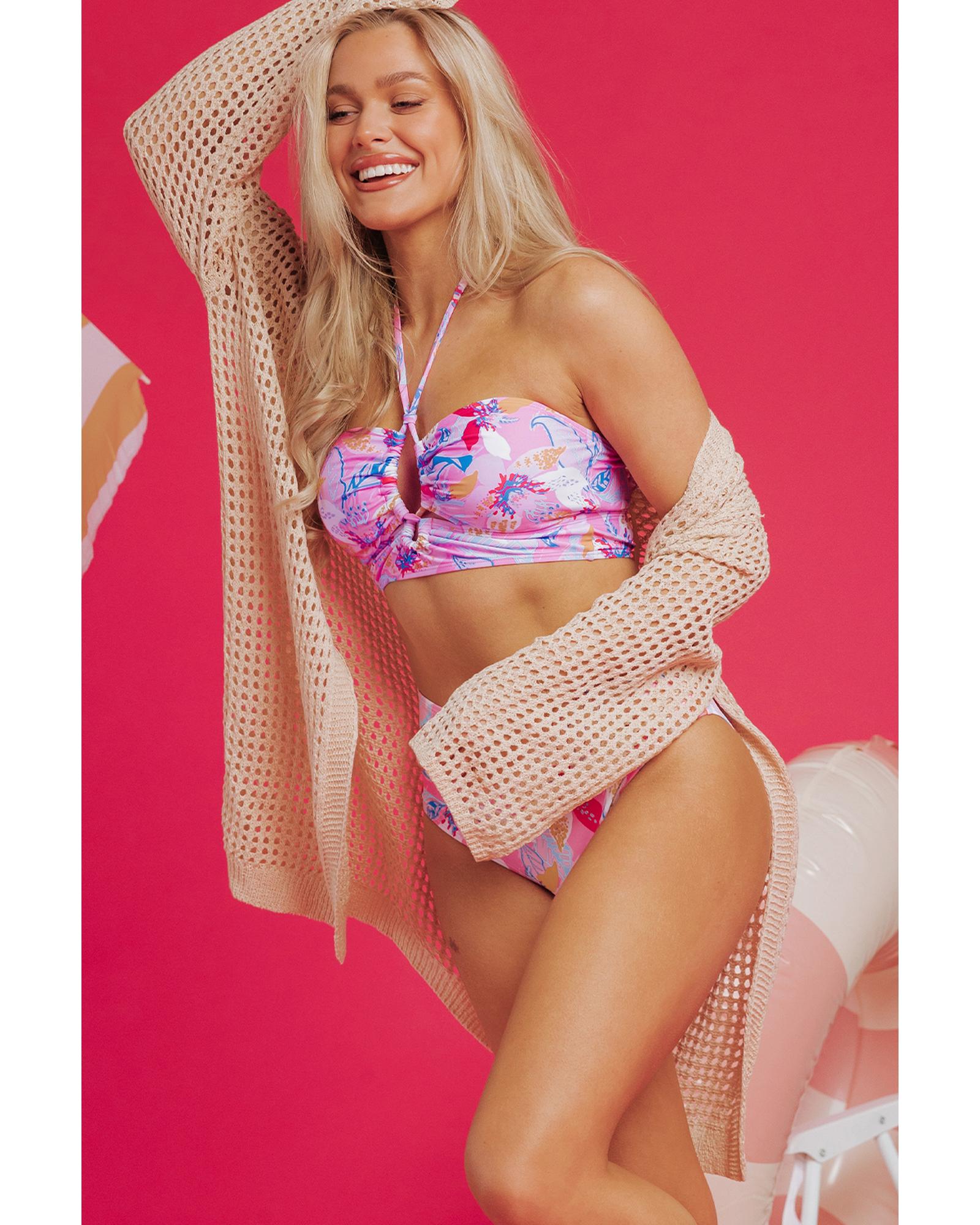 Pink Floral Printed Halter Neck High Waist Bikini - M