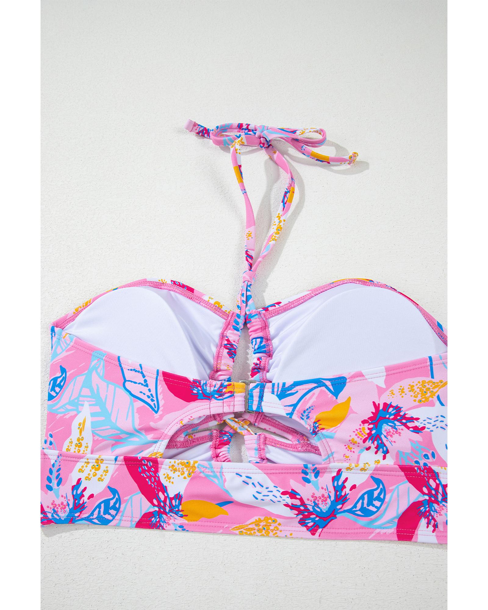 Pink Floral Printed Halter Neck High Waist Bikini - M