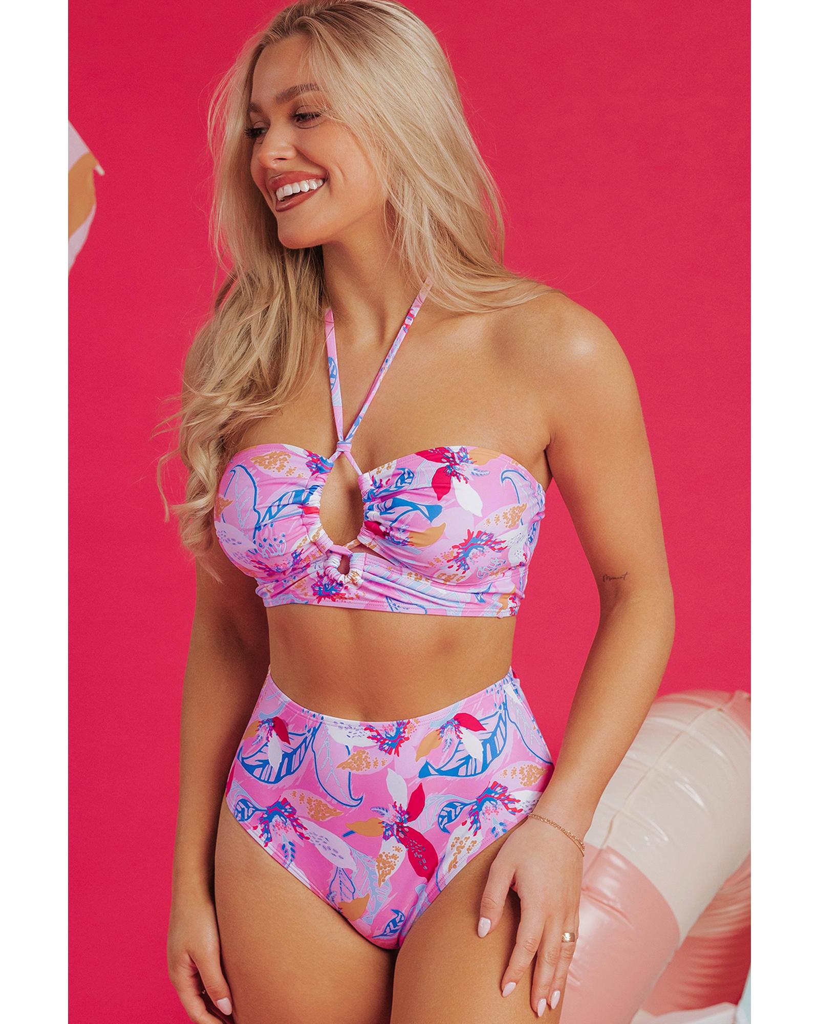 Pink Floral Printed Halter Neck High Waist Bikini - M