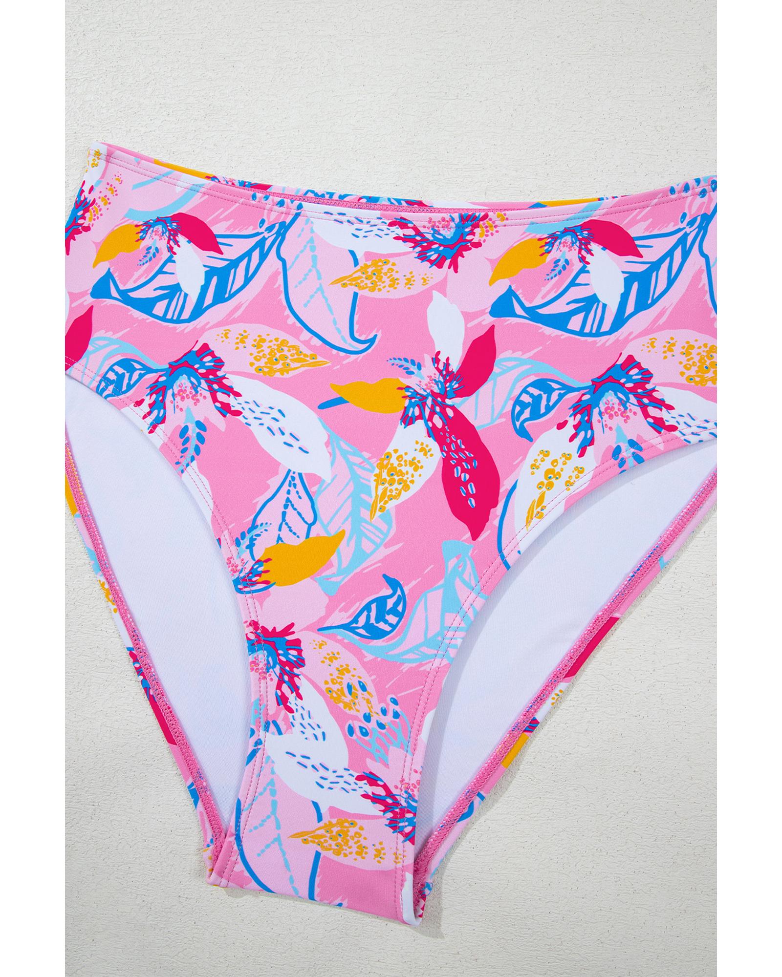 Pink Floral Printed Halter Neck High Waist Bikini - M