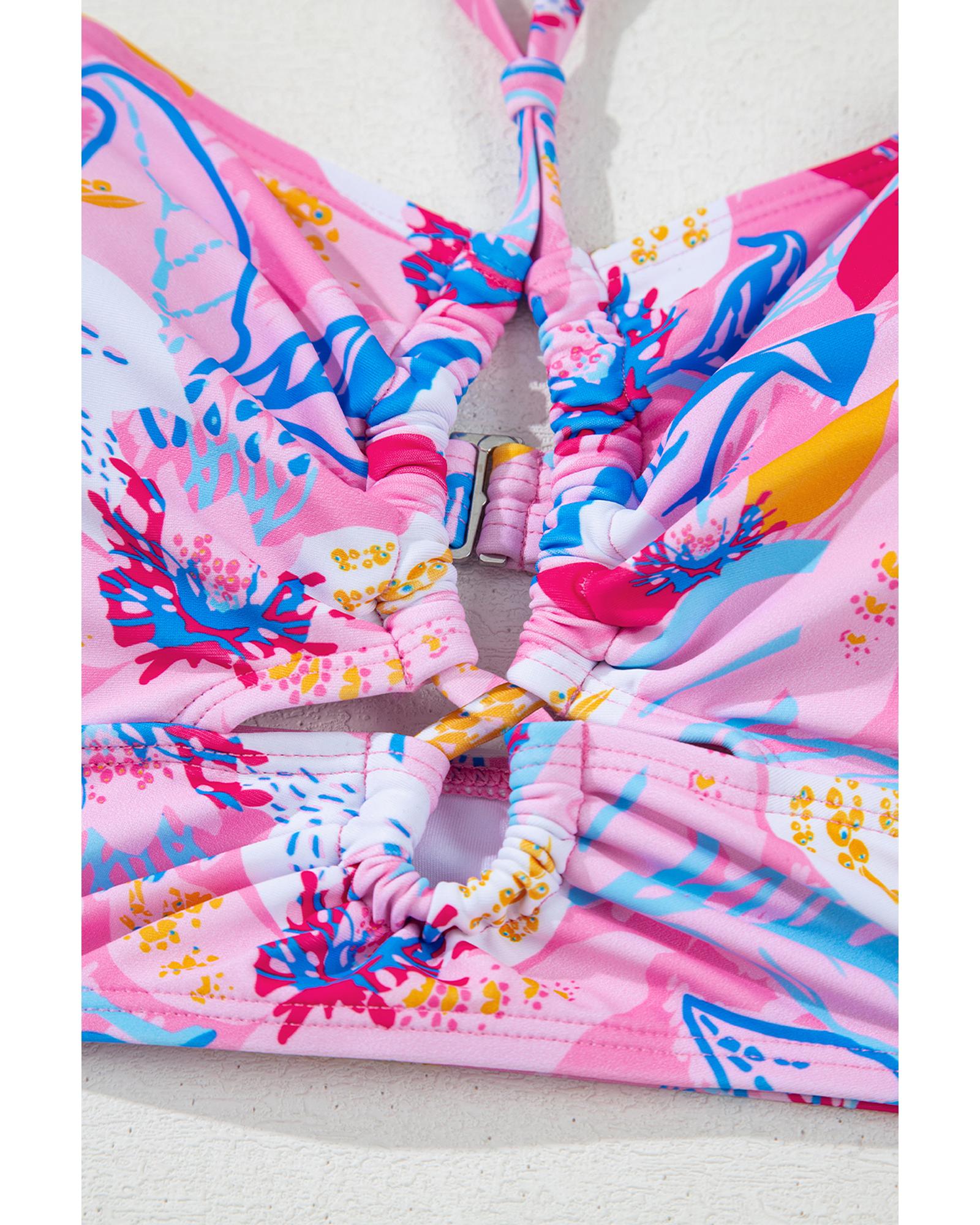 Pink Floral Printed Halter Neck High Waist Bikini - M