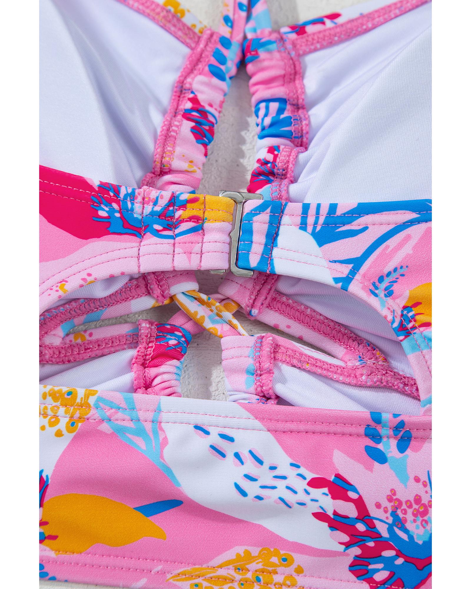 Pink Floral Printed Halter Neck High Waist Bikini - S
