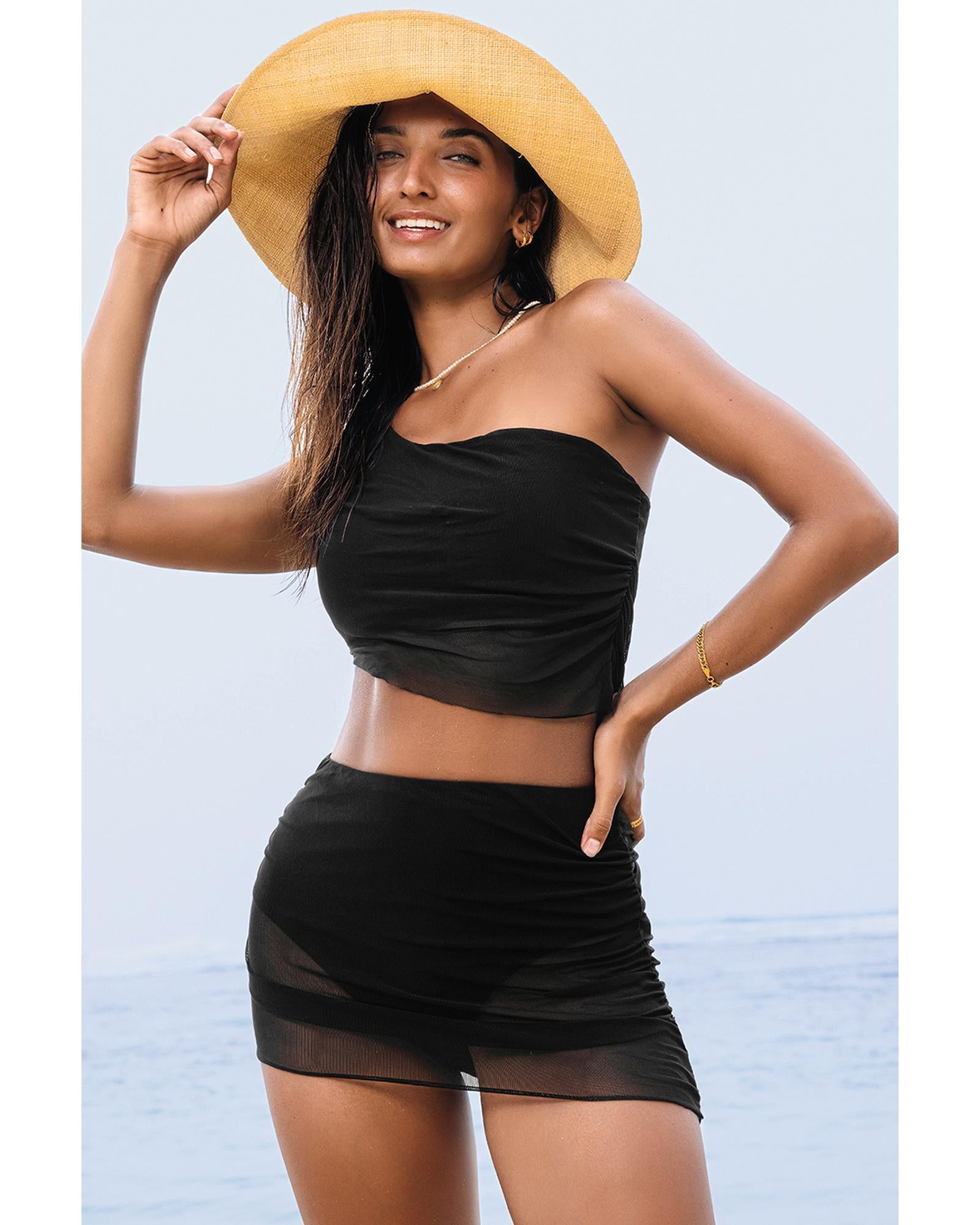 Black Pleated Mesh One Shoulder Bikini Top and Skirts Set - L