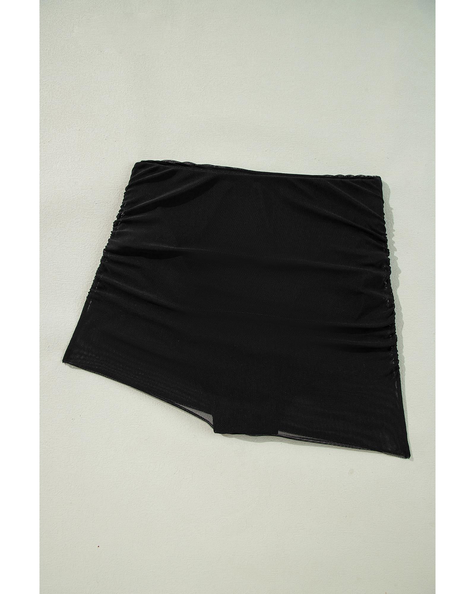 Black Pleated Mesh One Shoulder Bikini Top and Skirts Set - S