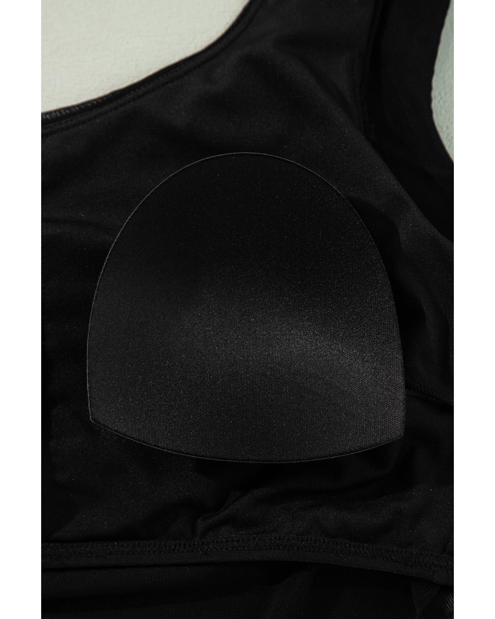 Black Pleated Mesh One Shoulder Bikini Top and Skirts Set - S