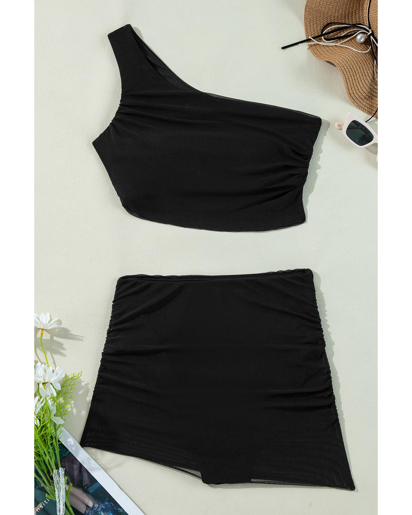 Black Pleated Mesh One Shoulder Bikini Top and Skirts Set - XL