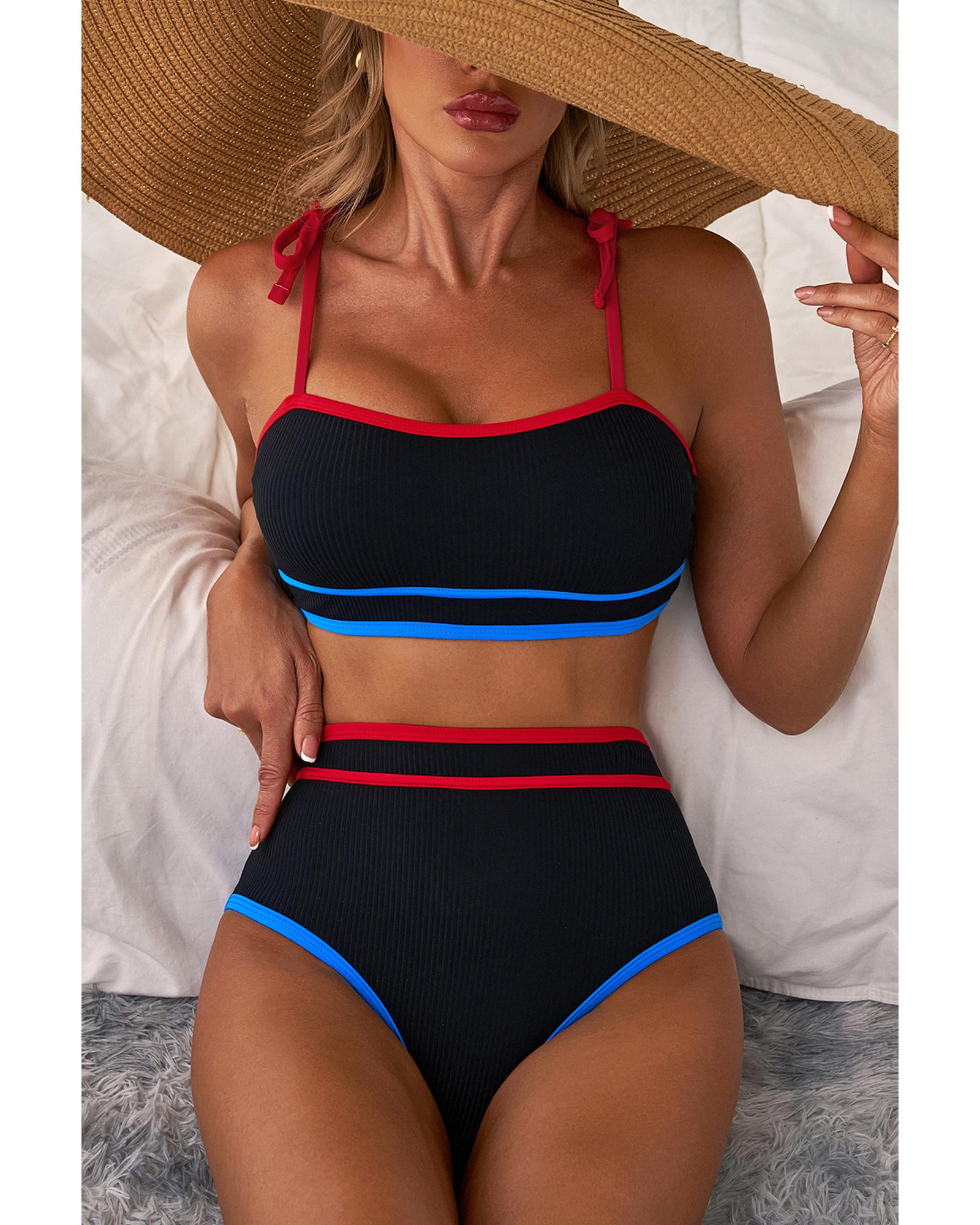 Black Triple Color Trimmed High Waist Bikini Set - 2XL