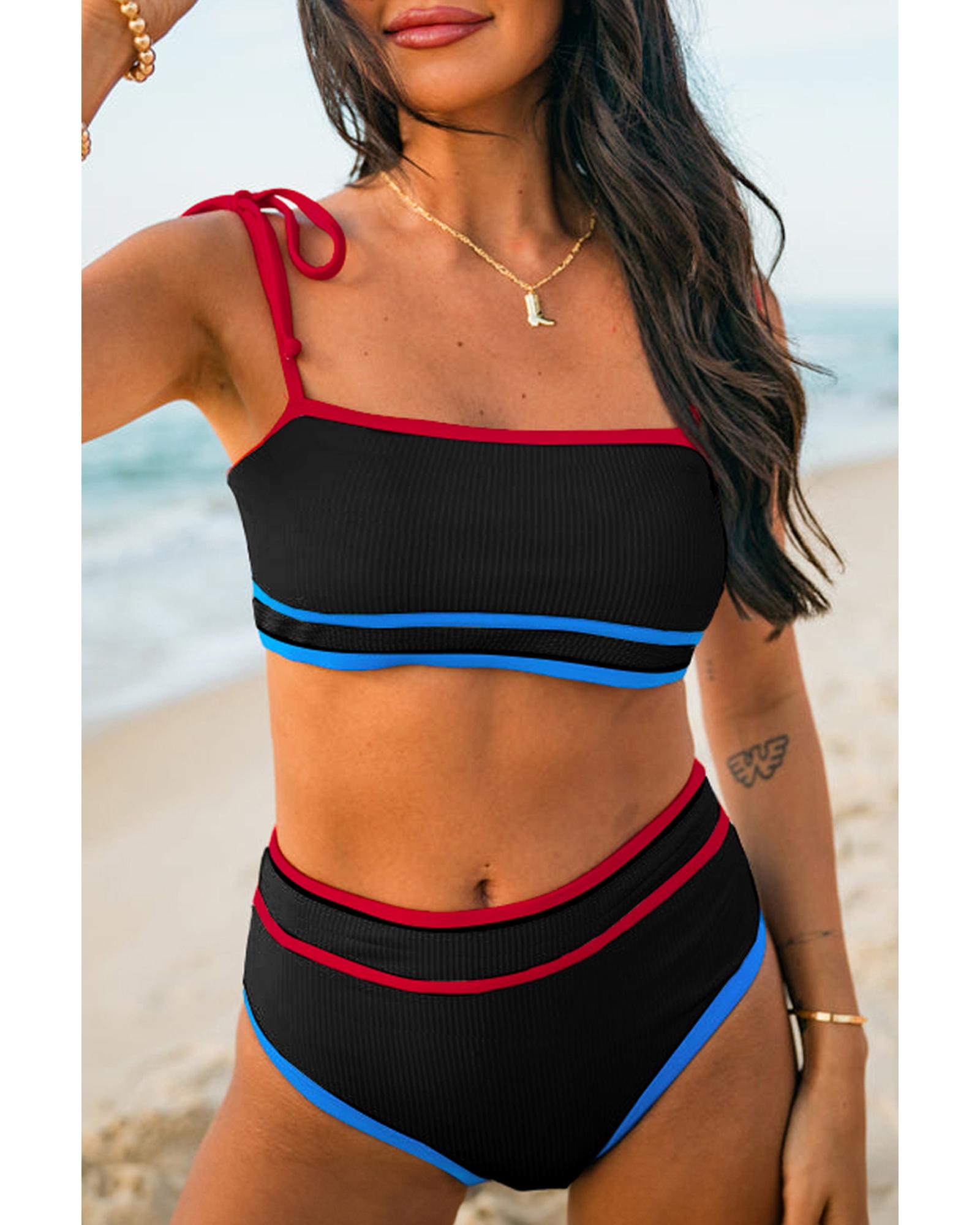 Black Triple Color Trimmed High Waist Bikini Set - 2XL