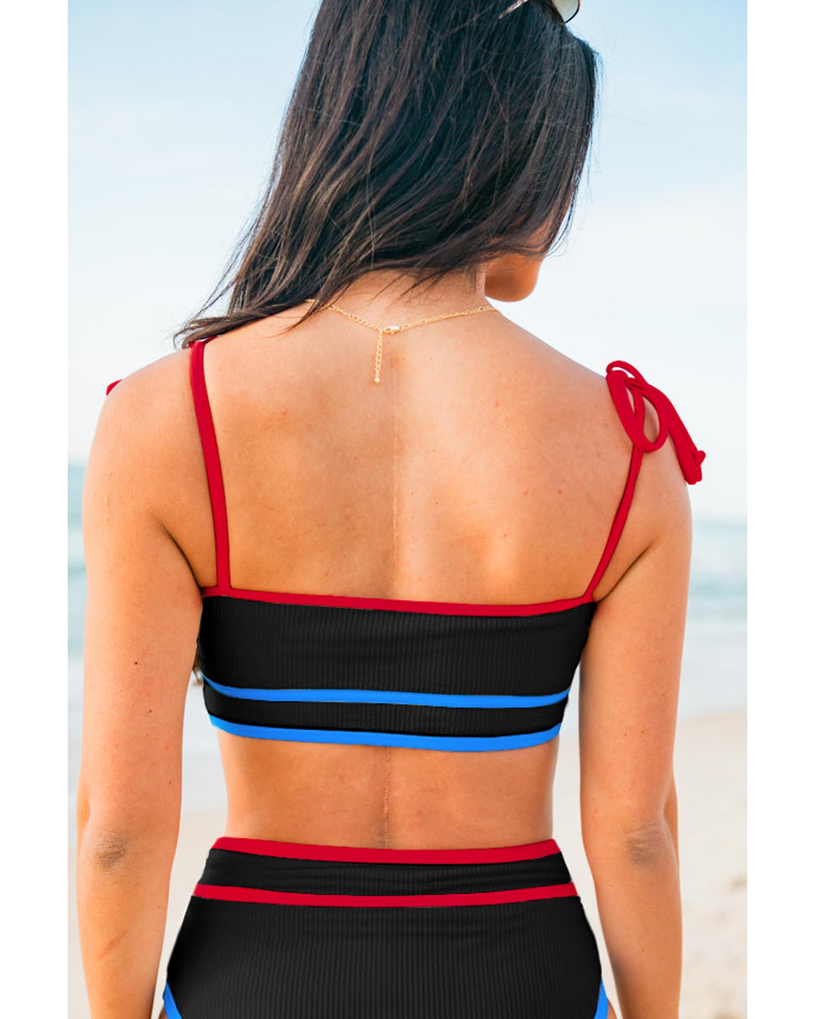 Black Triple Color Trimmed High Waist Bikini Set - 2XL