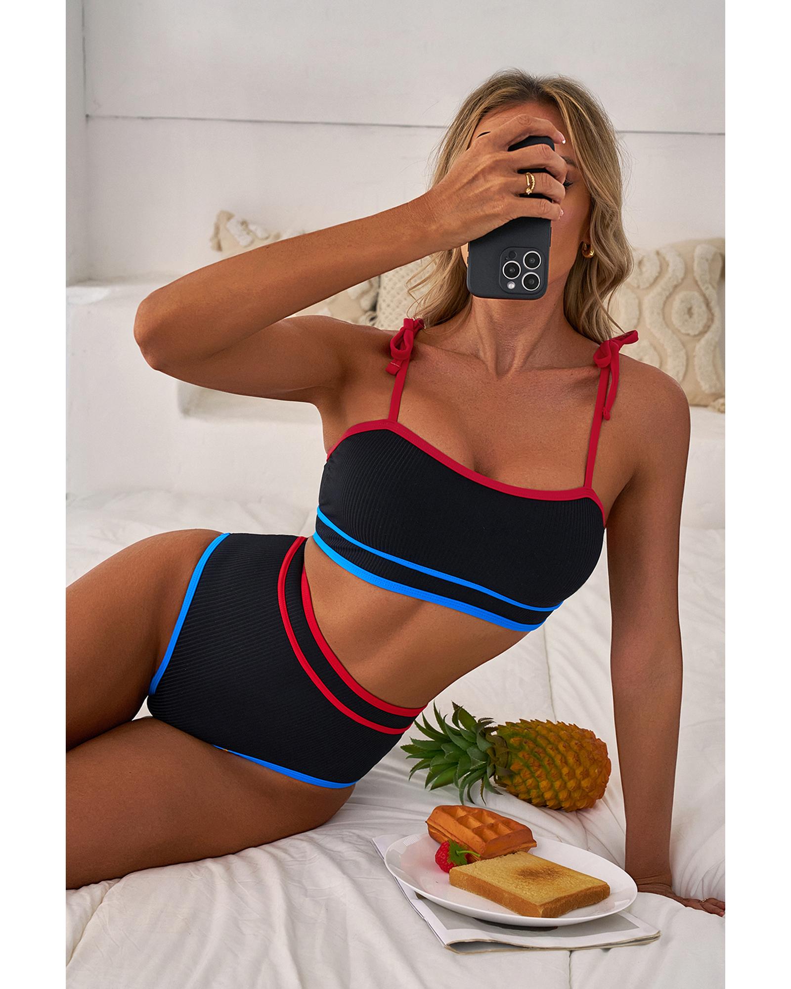 Black Triple Color Trimmed High Waist Bikini Set - XL
