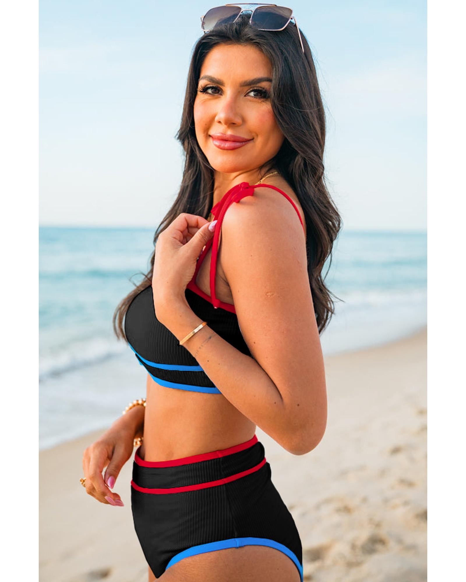Black Triple Color Trimmed High Waist Bikini Set - XL