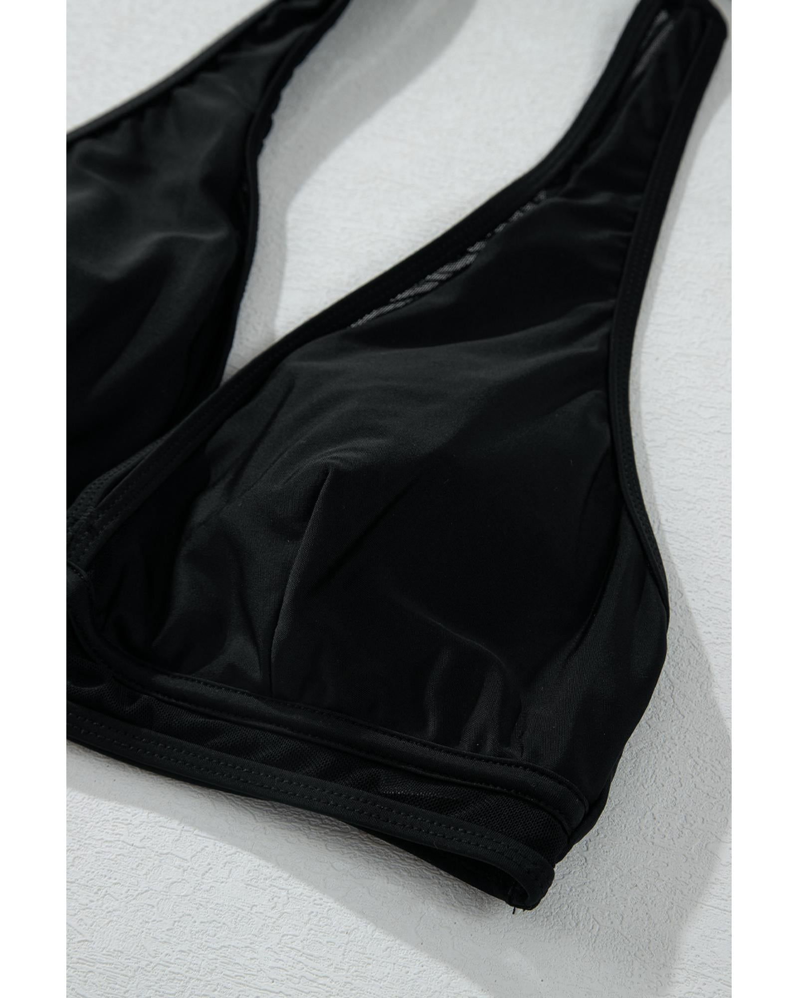 Black Sheer Mesh Edged Halter V Neck Push Up Bikini - 2XL