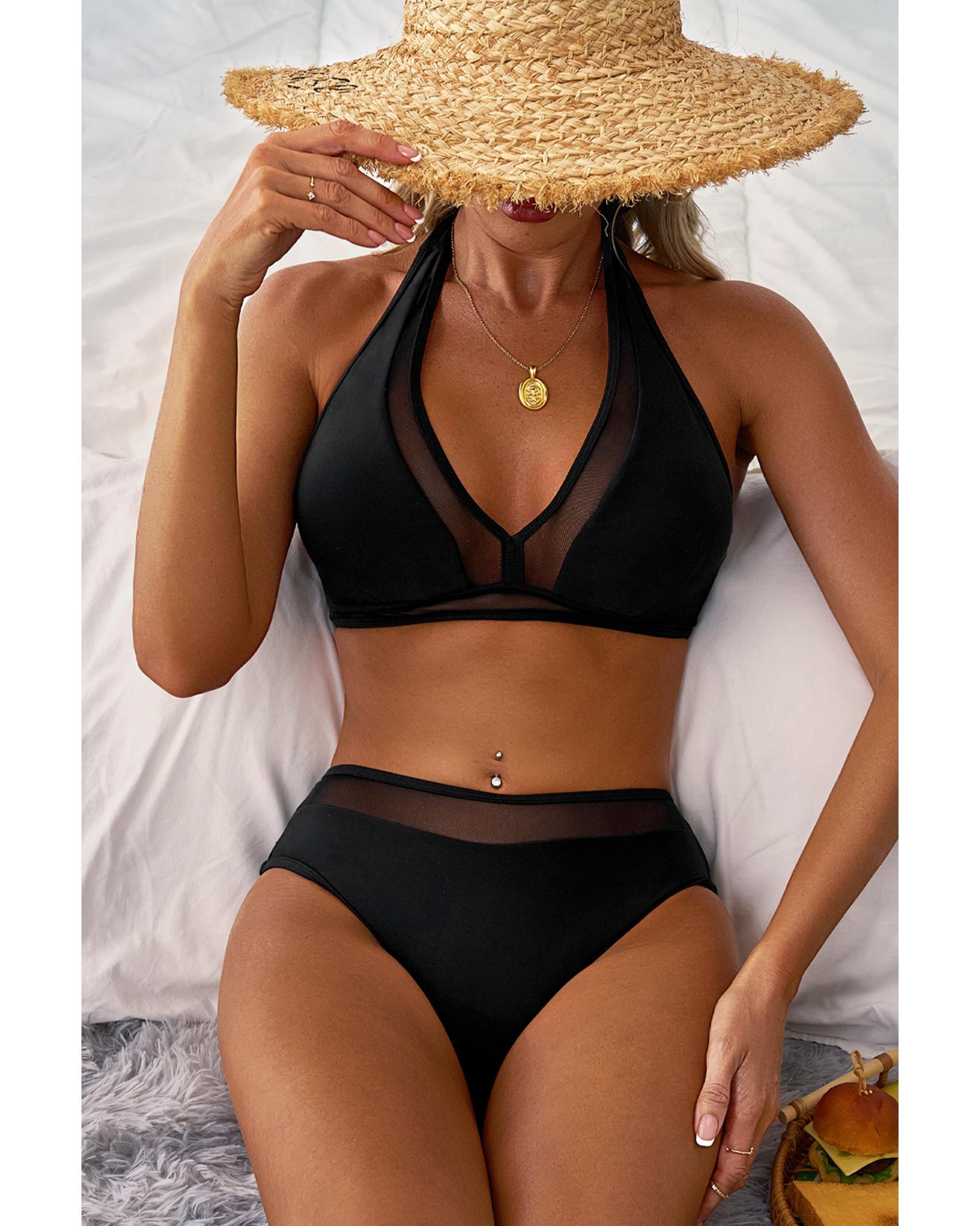 Black Sheer Mesh Edged Halter V Neck Push Up Bikini - 2XL