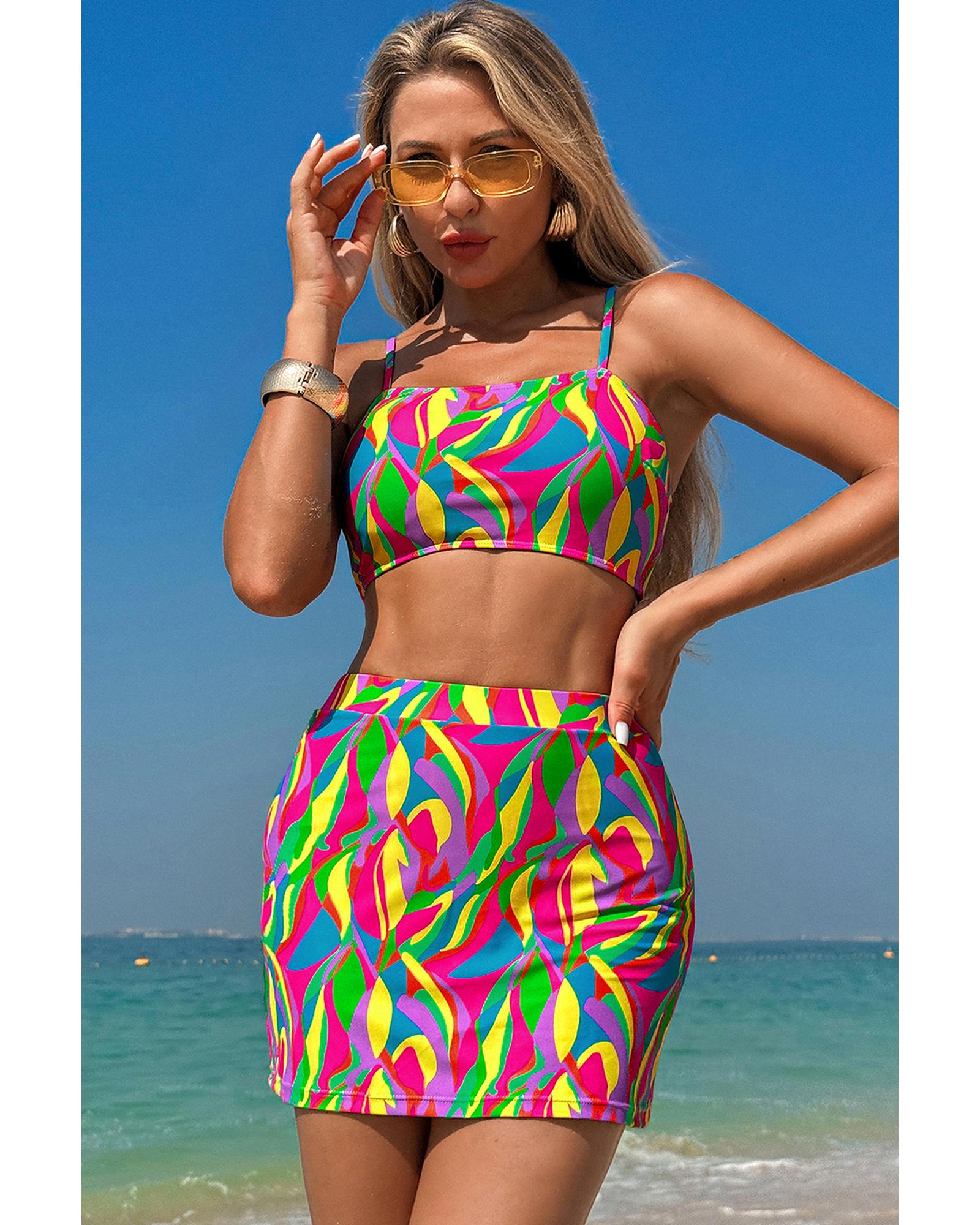 Multicolour Abstract Print Textured Spaghetti Strap High Waist Bikini Set - M
