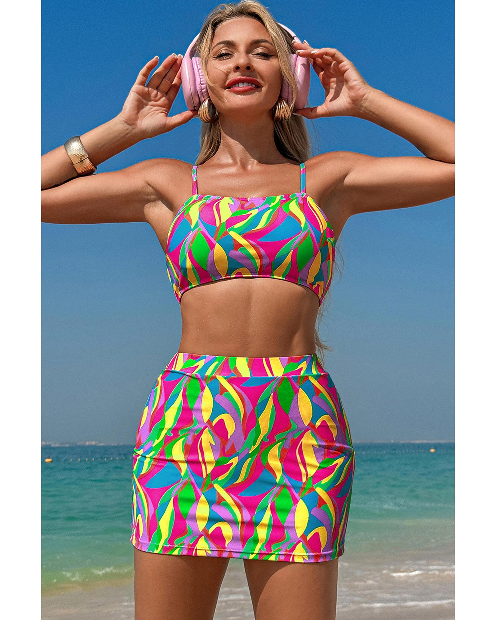 Multicolour Abstract Print Textured Spaghetti Strap High Waist Bikini Set - M