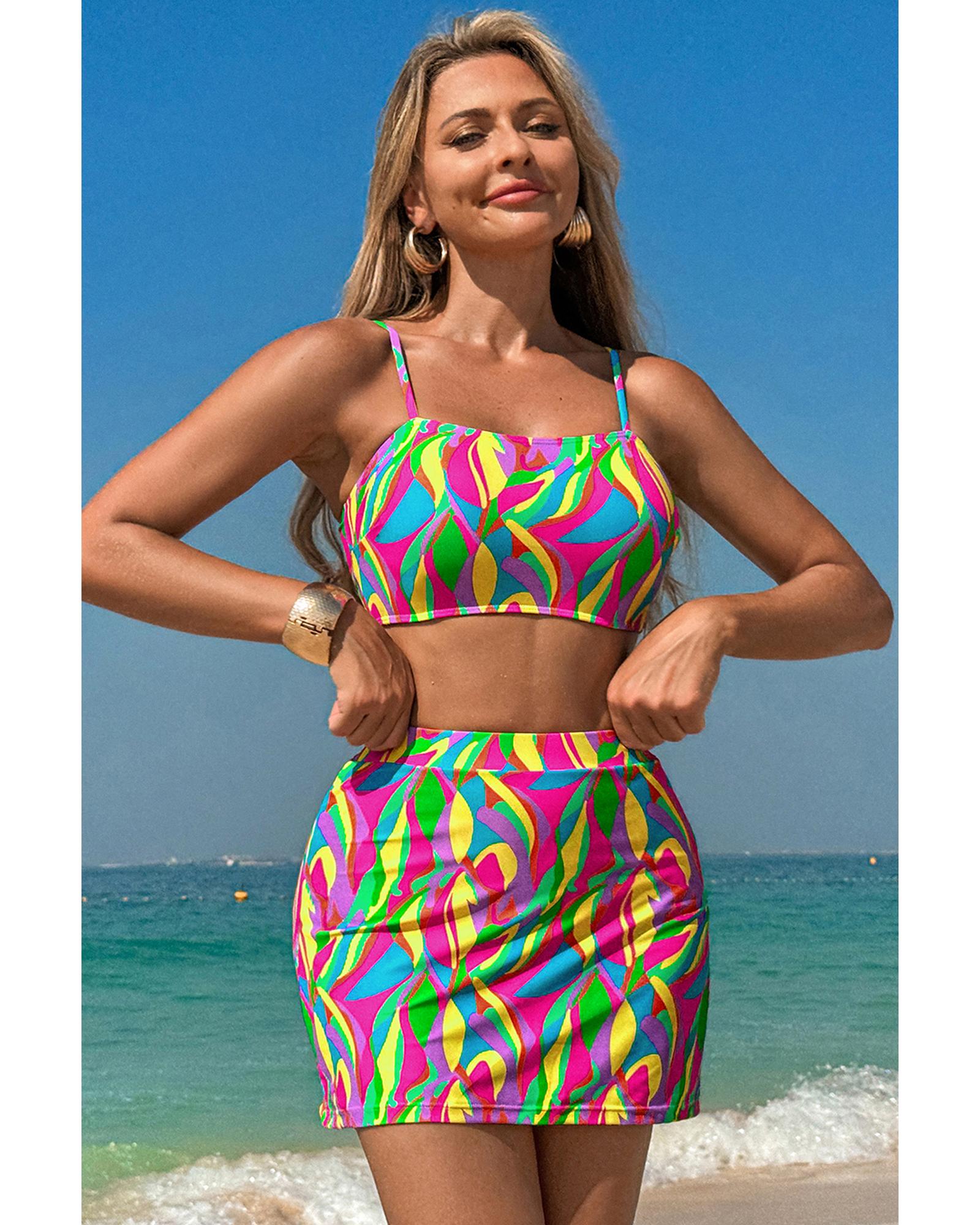 Multicolour Abstract Print Textured Spaghetti Strap High Waist Bikini Set - M