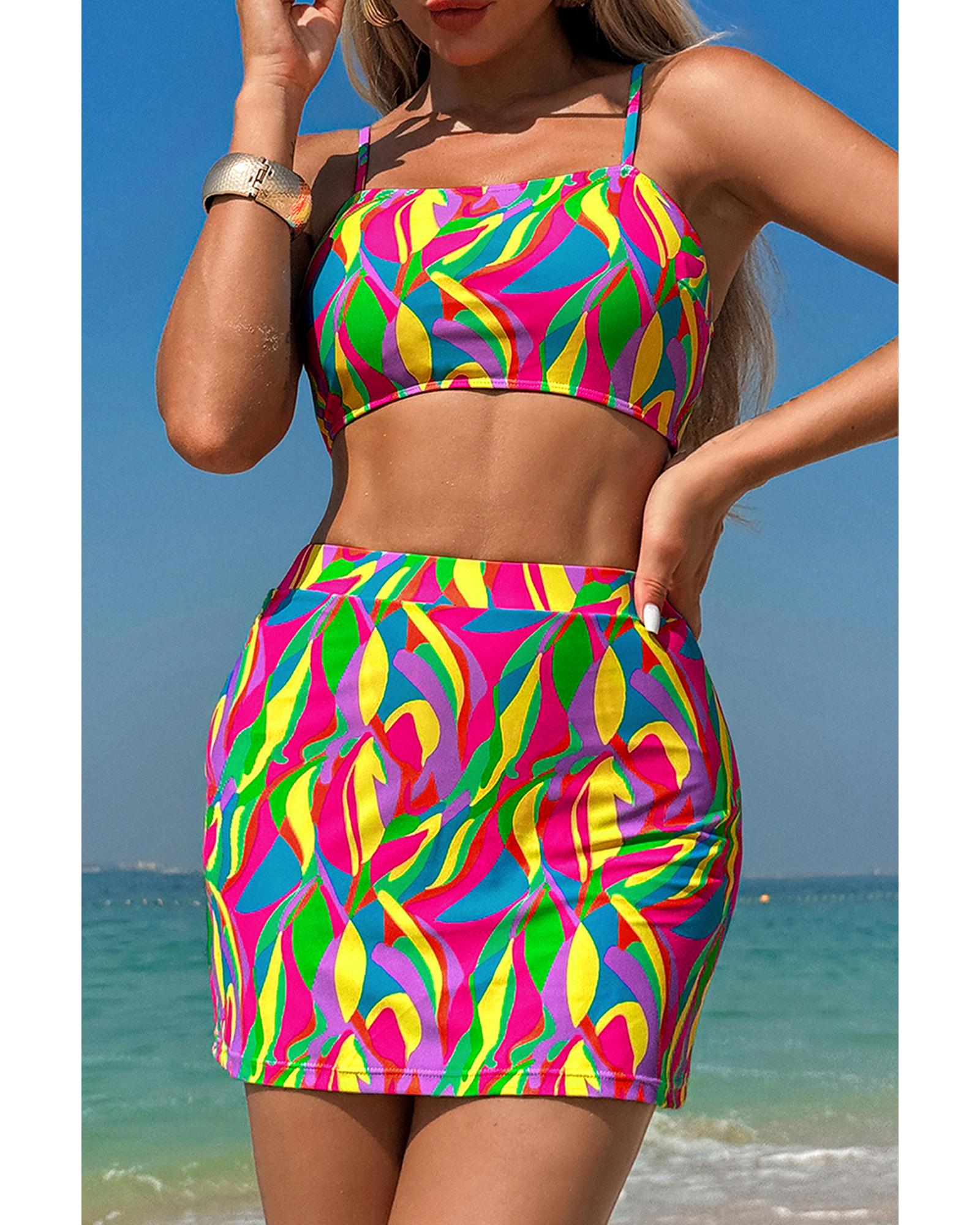 Multicolour Abstract Print Textured Spaghetti Strap High Waist Bikini Set - M