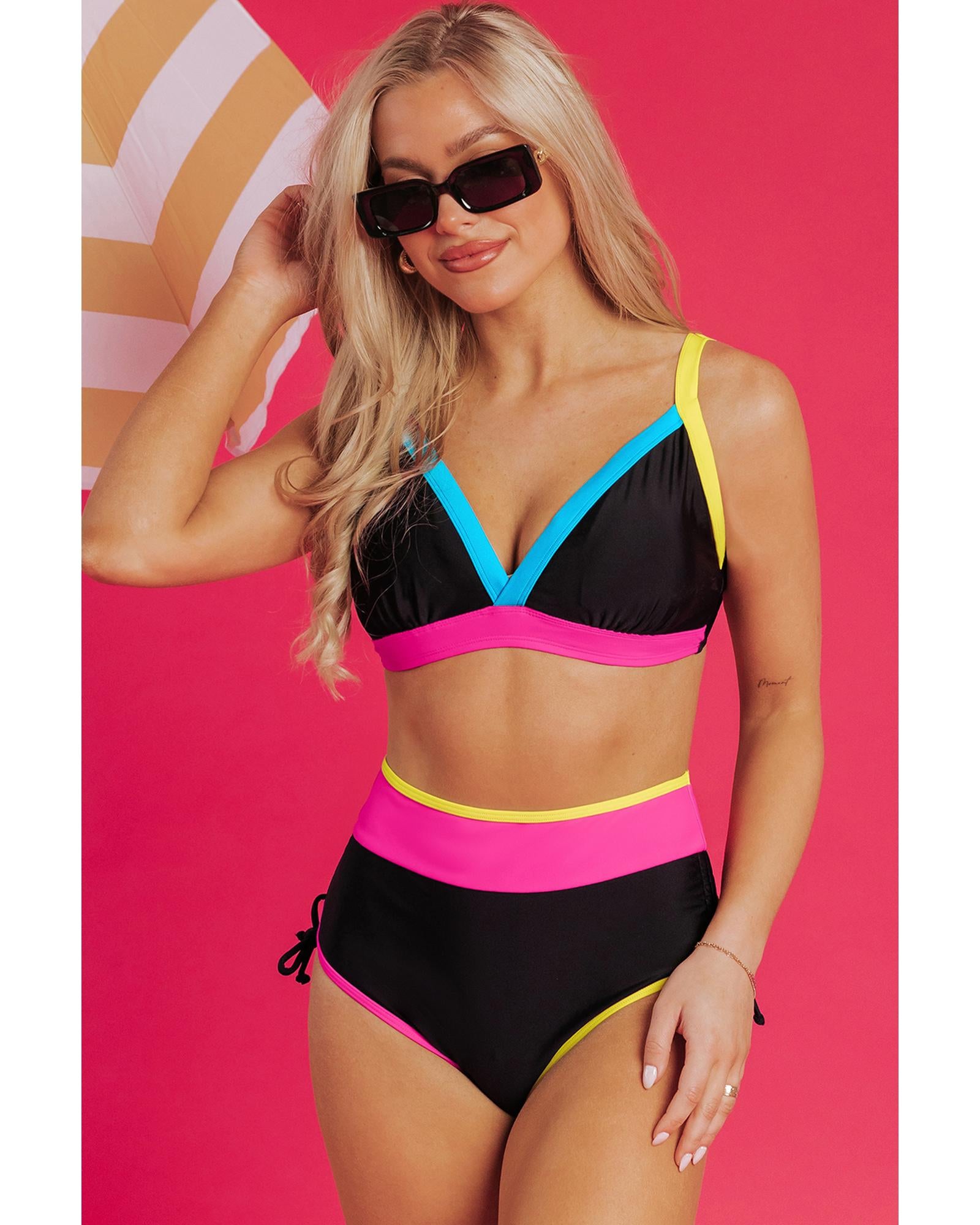 Black Color Block Drawstring Side V Neck High Waist Bikini Set - 2XL