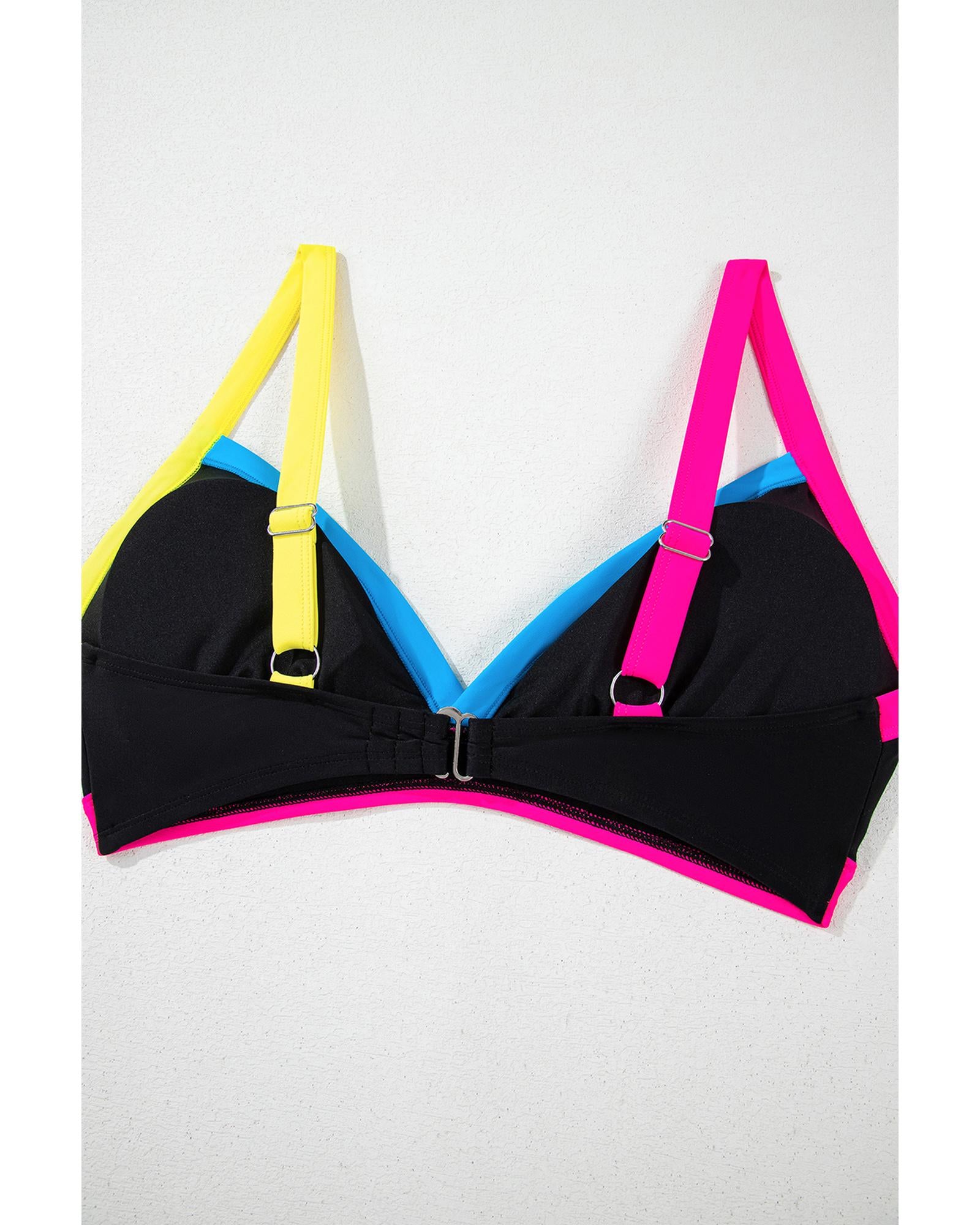 Black Color Block Drawstring Side V Neck High Waist Bikini Set - S