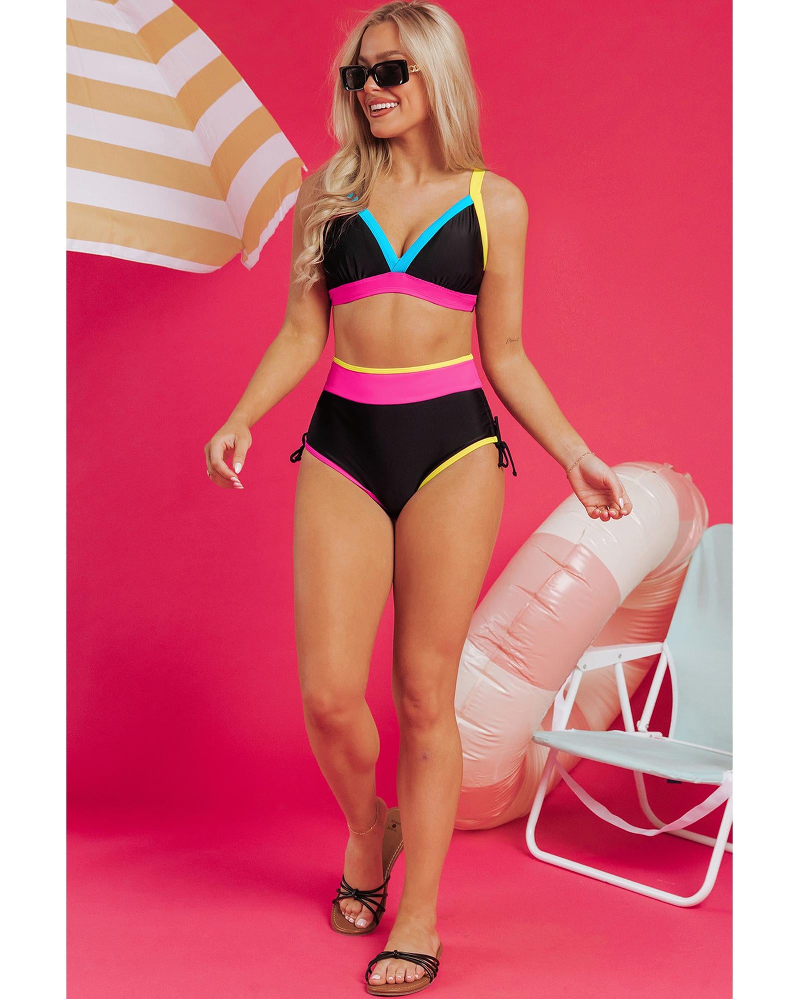 Black Color Block Drawstring Side V Neck High Waist Bikini Set - S