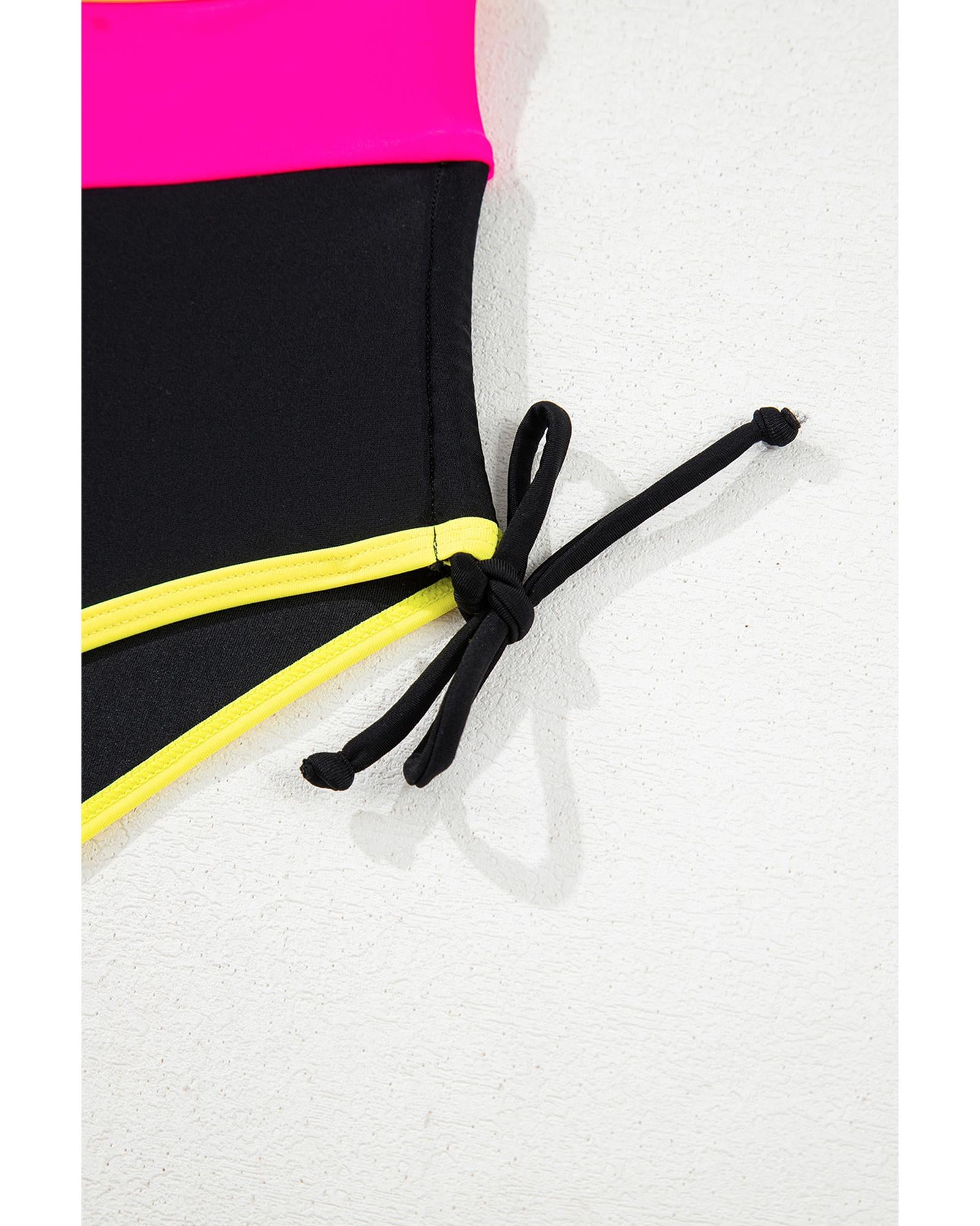 Black Color Block Drawstring Side V Neck High Waist Bikini Set - S