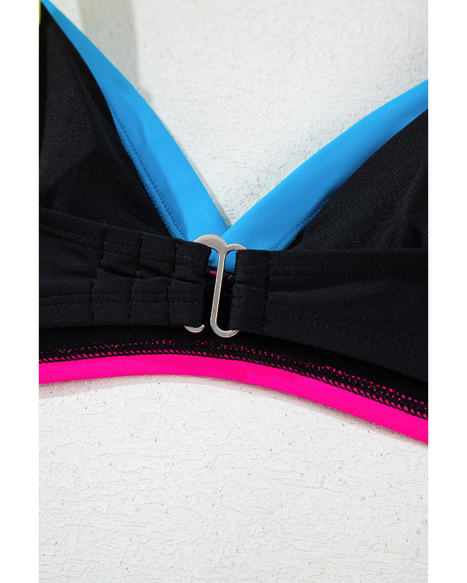Black Color Block Drawstring Side V Neck High Waist Bikini Set - S