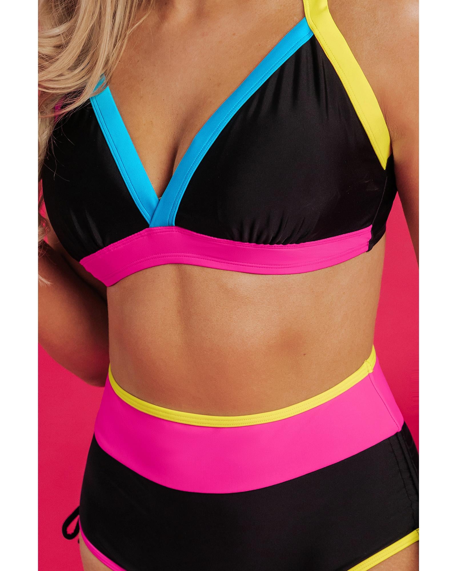 Black Color Block Drawstring Side V Neck High Waist Bikini Set - S