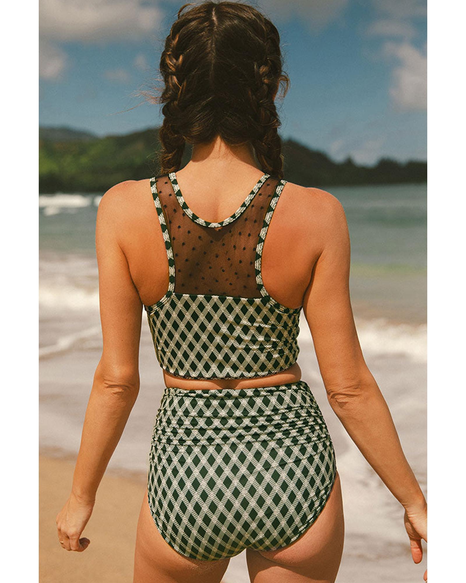 Green Dotted Mesh Plaid Patchwork High Waisted Bikini - L